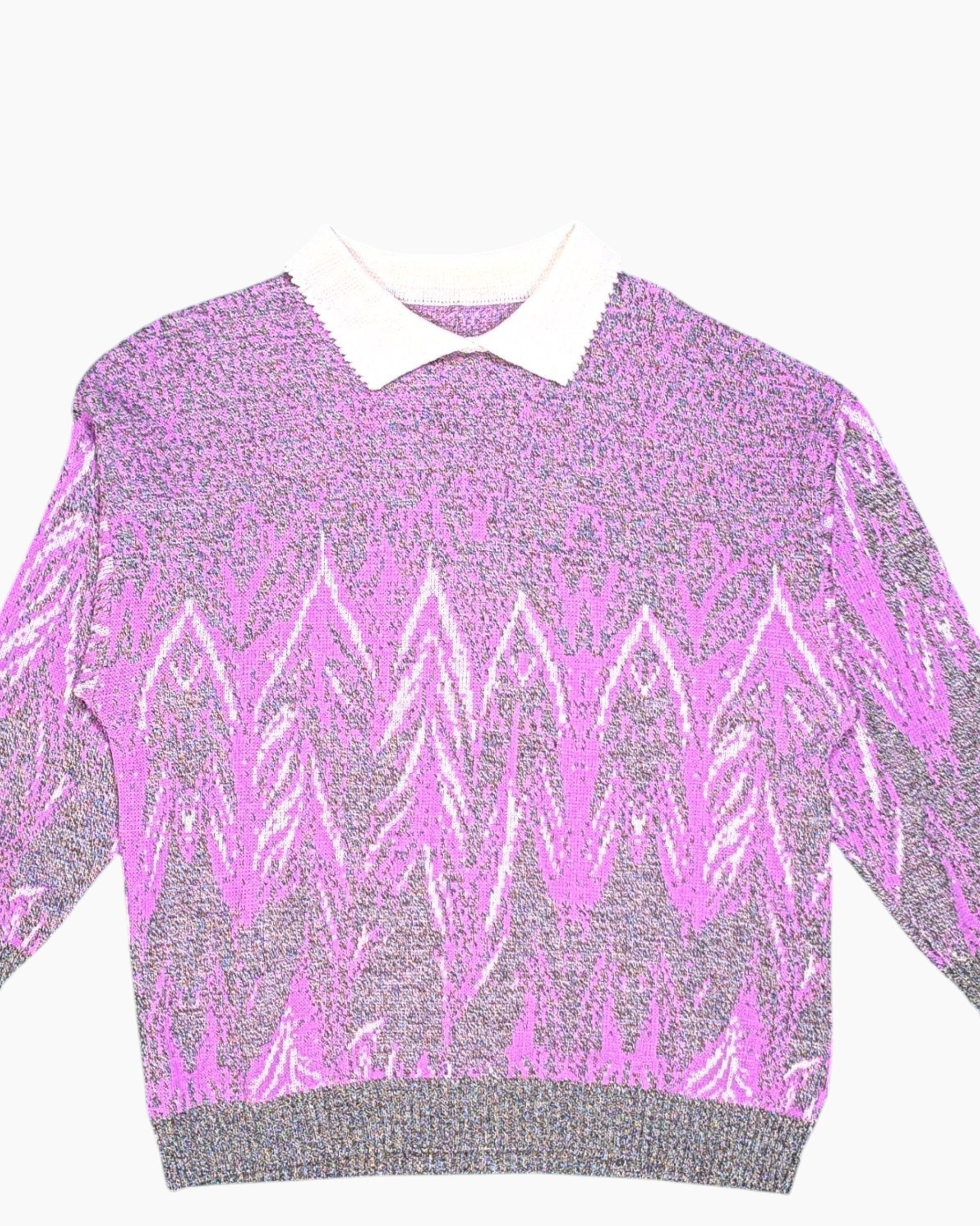 Front-detail-1 Vintage 80s/90s Unknown Pullover Sweater – Pink Chevron Zigzag