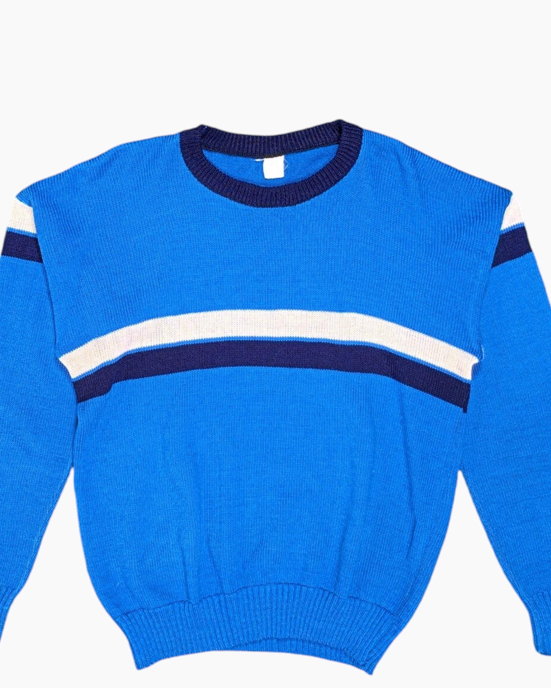 Front-detail-1 Vintage 70s/80s Unknown Pullover Sweater – Cobalt Blue Varsity Stripes
