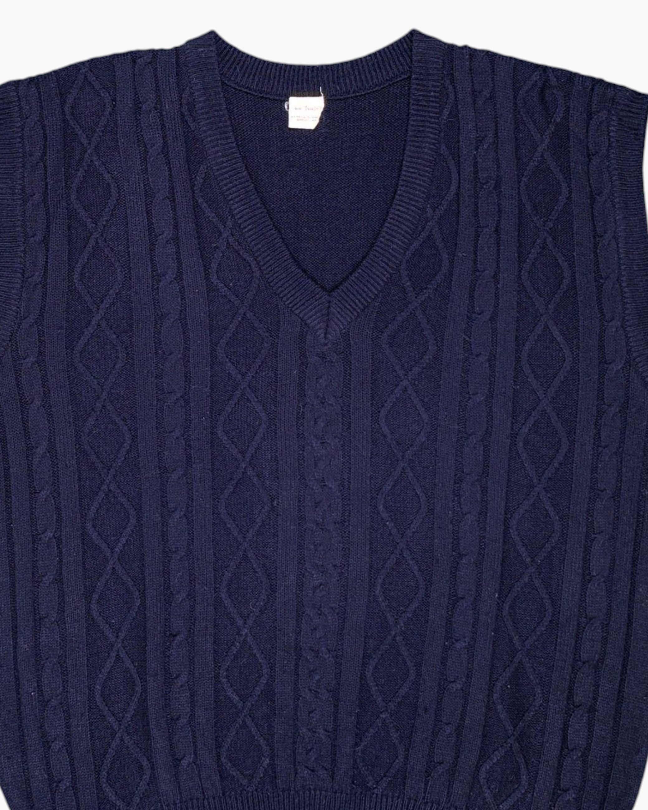 Front-detail-1 Vintage 80s/90s Unknown Sleeveless Sweater Vest – Navy V‑Neck