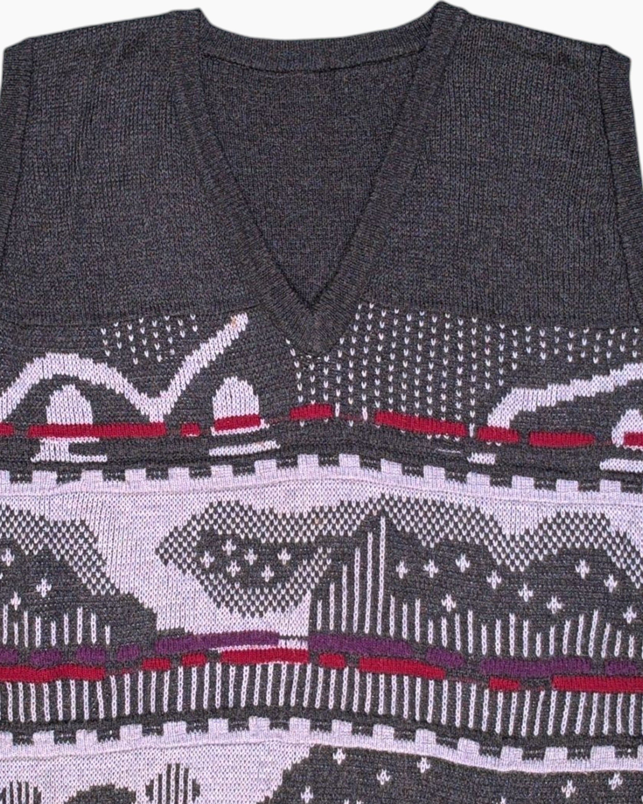 Front-detail-1 Vintage 80s/90s Unknown Sweater Vest – Gray Jacquard with Red Accent