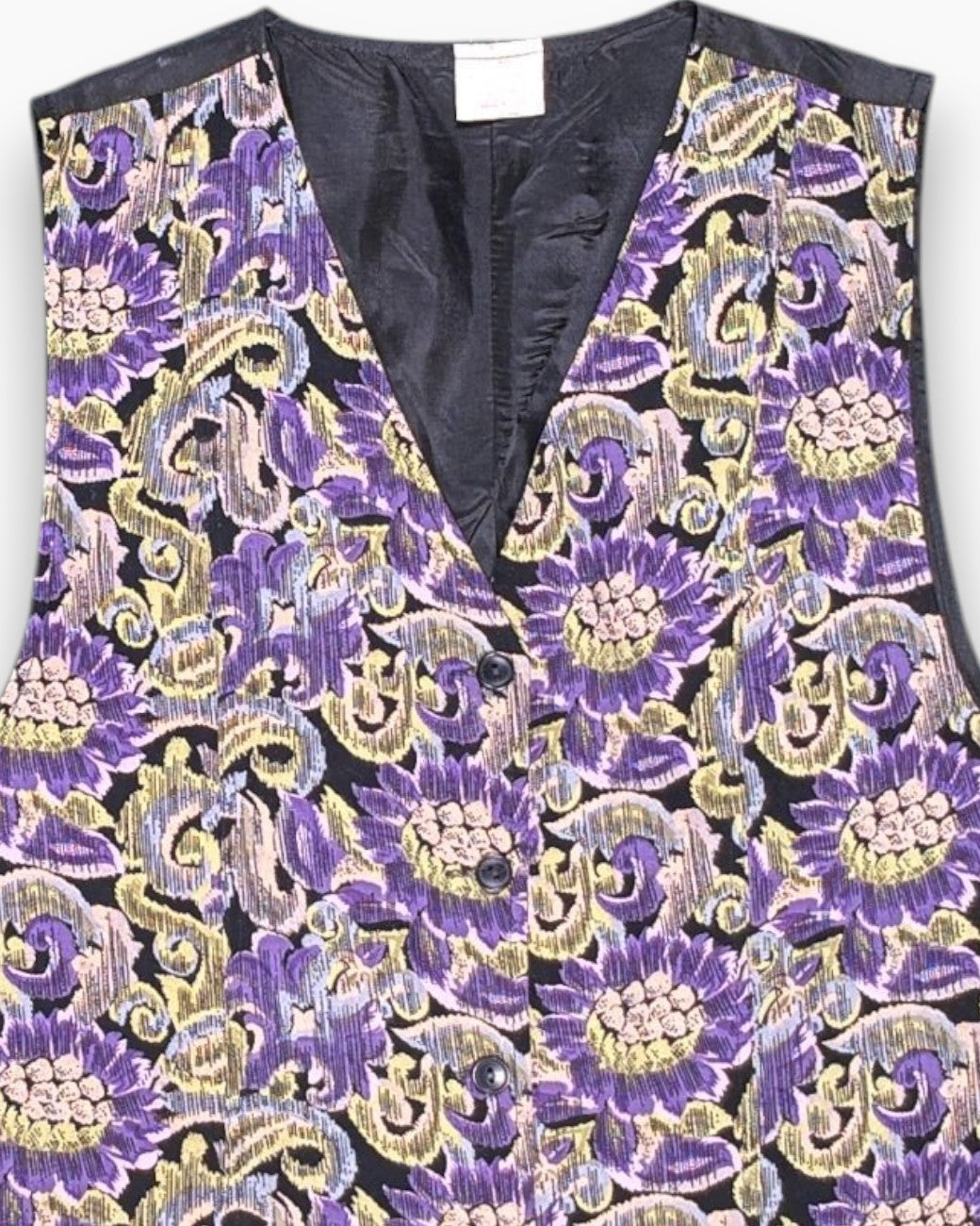 Front-detail-1 Vintage 80s/90s Unknown Vest – Floral Jacquard Pointed Hem