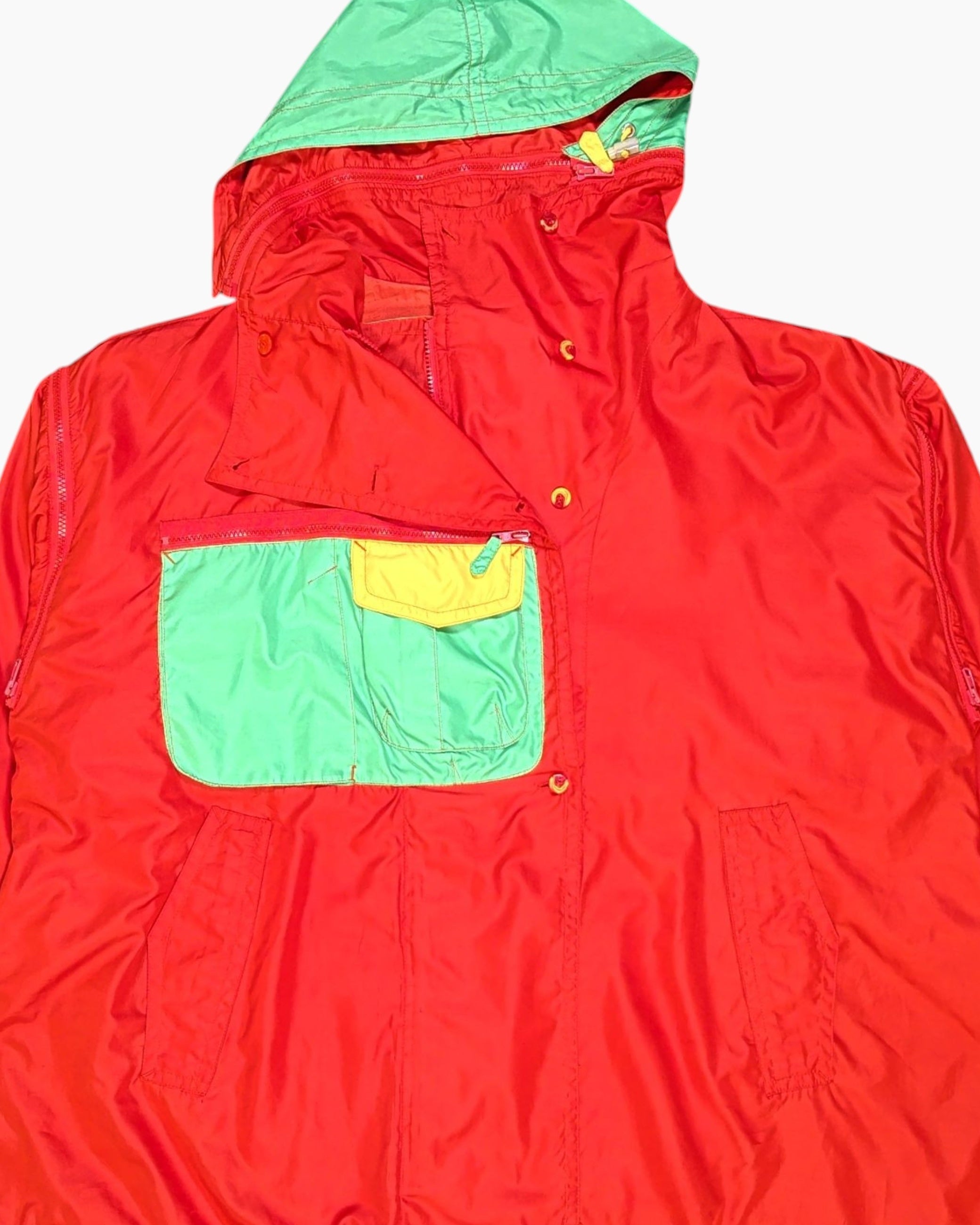 Front-detail-1 Vintage 80s/90s Unknown Windbreaker Jacket – Red Neon Colorblock
