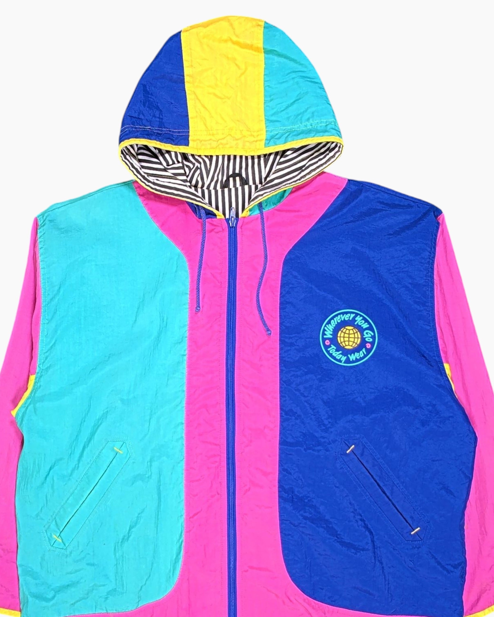 Front-detail-1 Vintage 80s/90s Unknown Windbreaker Jacket – Multicolor Neon Globe Graphic