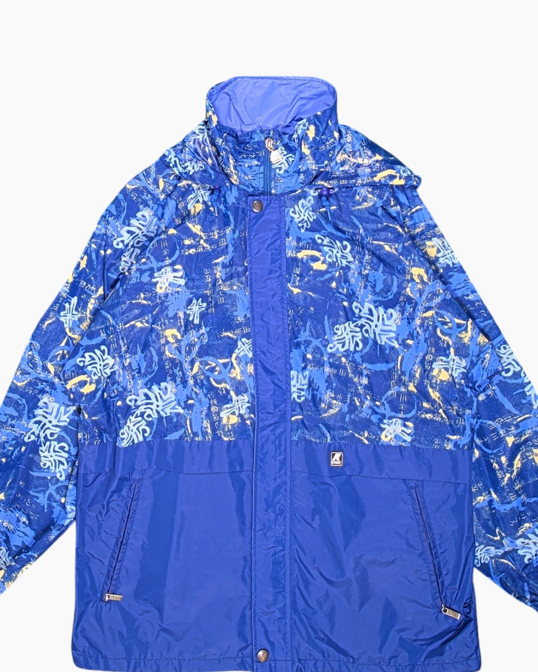 Front-detail-1 Vintage 80s/90s Unknown Windbreaker Jacket – Blue Color-block Shell