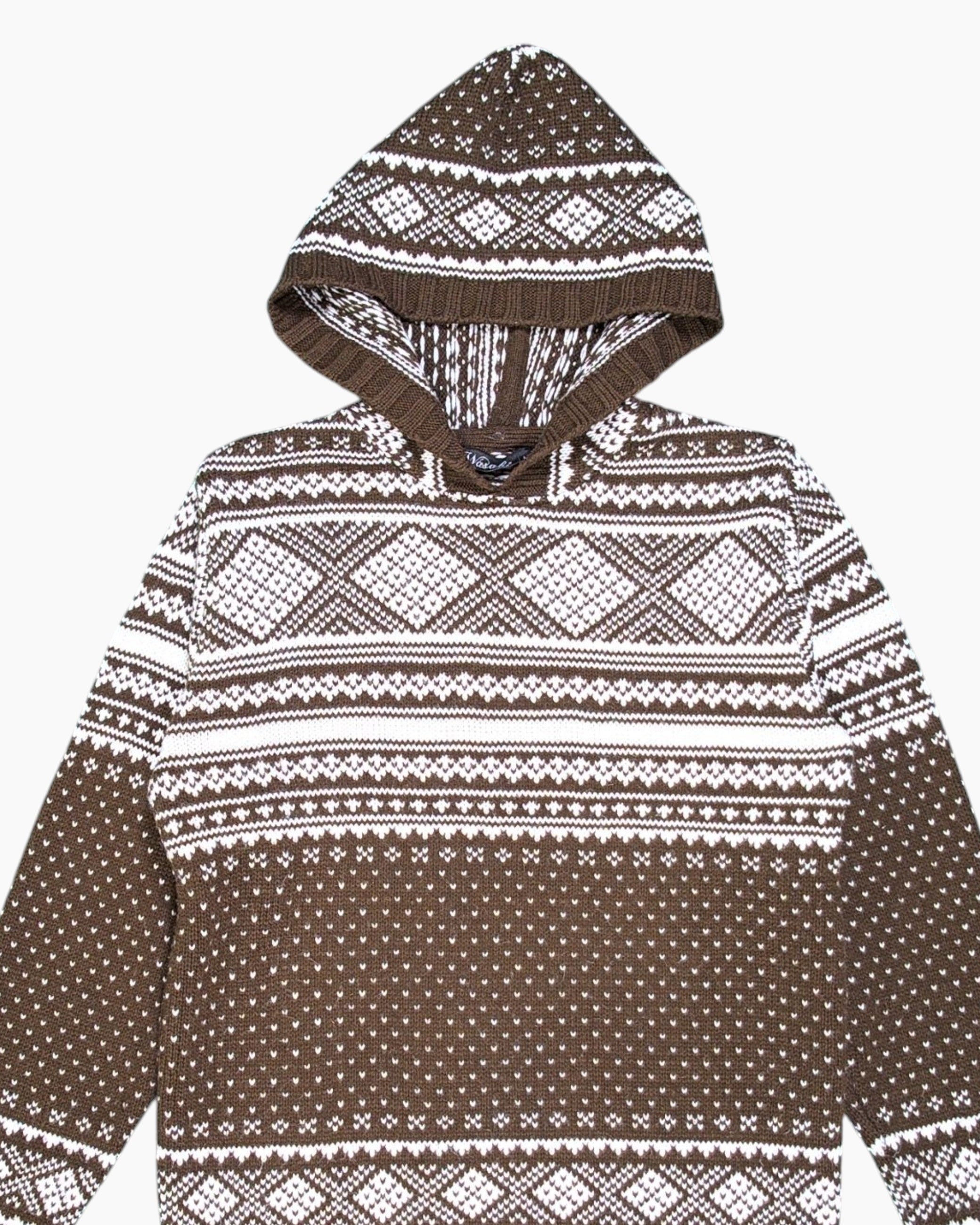 Front-detail-1 Pre-owned Wasabi Hooded Sweater – Brown Fair Isle Knit