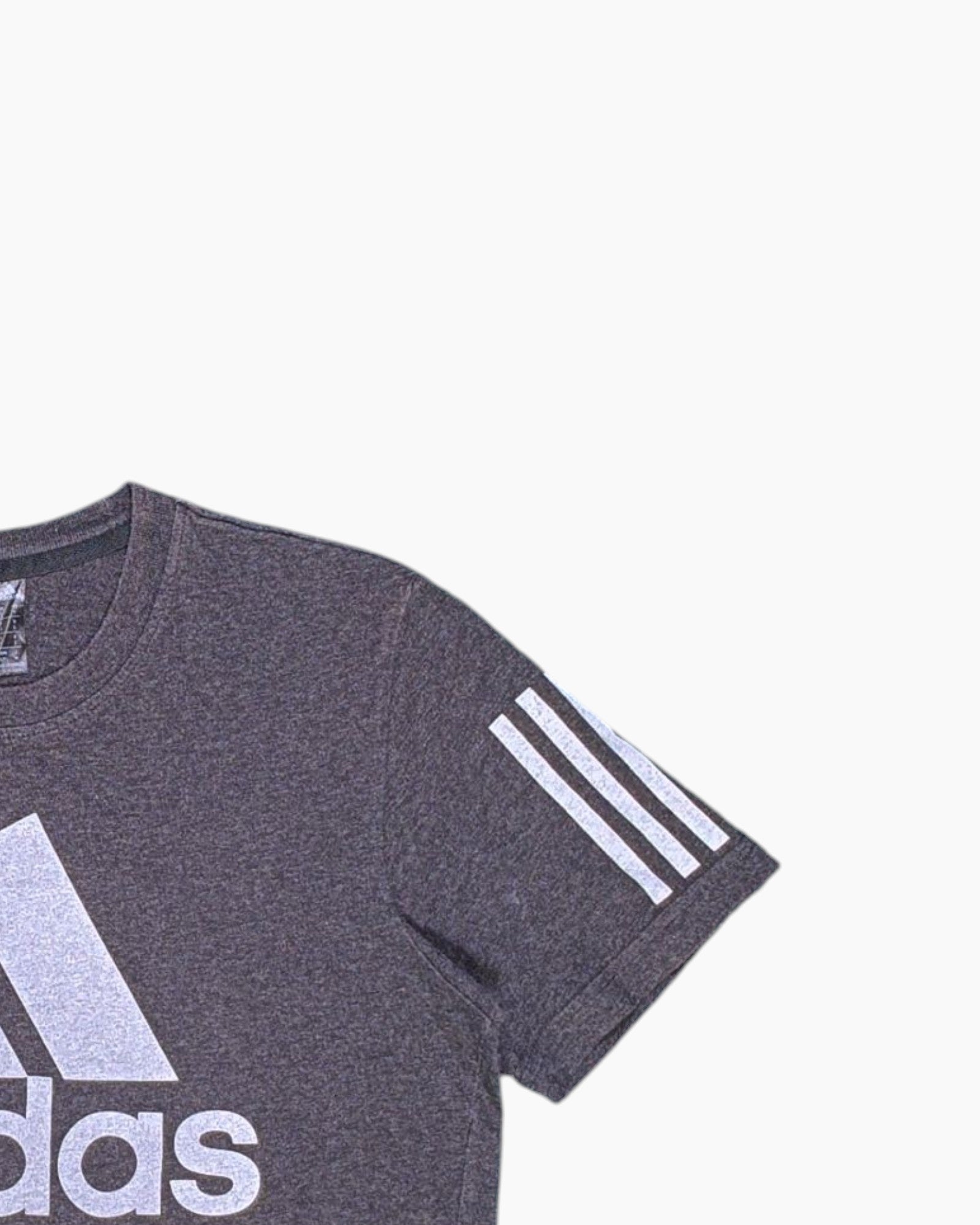 Front-detail-2 Pre-owned adidas Graphic T-Shirt – Gray with Three-Stripe Sleeve Detail