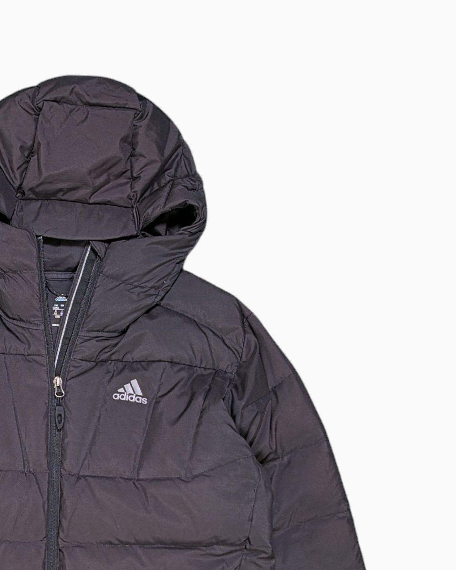 Front-detail-2 Pre-owned adidas Puffer Jacket – Black Quilted Hooded (Unisex, UK 42/44)