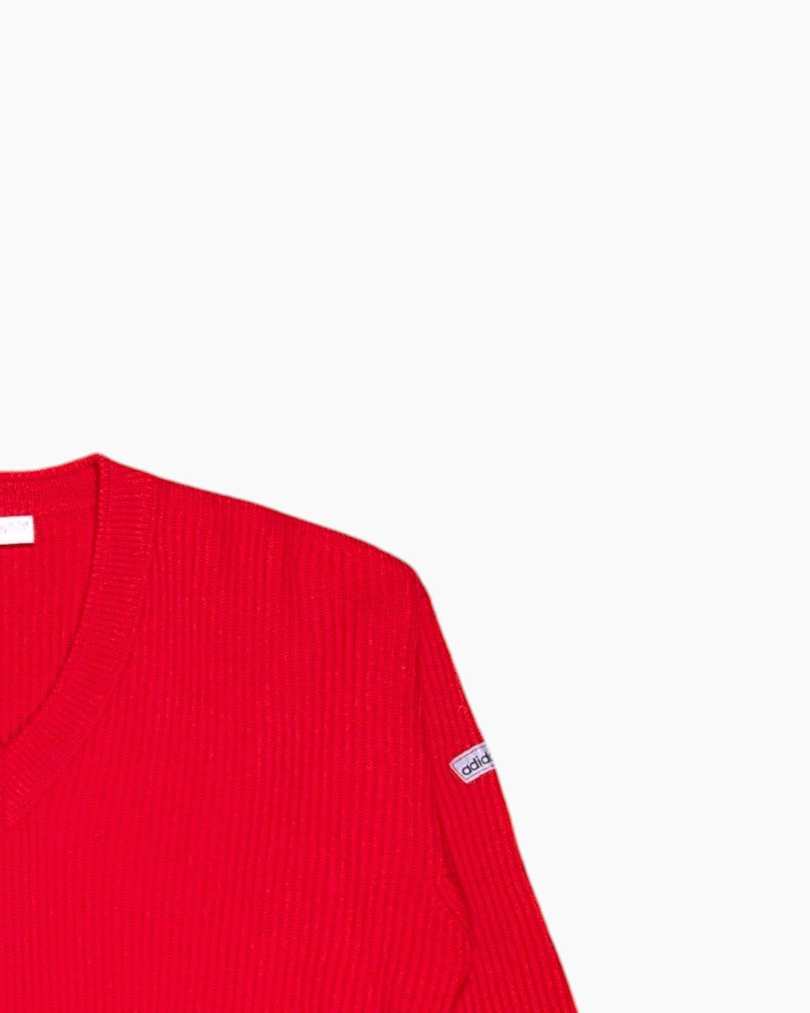 Front-detail-2 Vintage 80s/90s adidas Pullover Sweater – Red V‑Neck Rib Knit