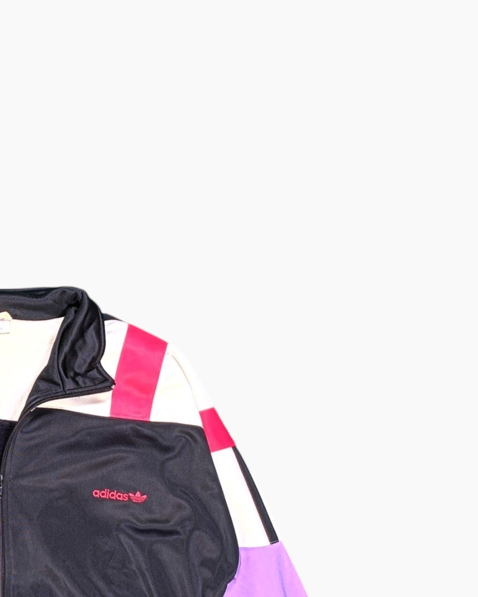 Front-detail-2 Vintage 80s/90s adidas Track Jacket – Black with Geometric Color‑block