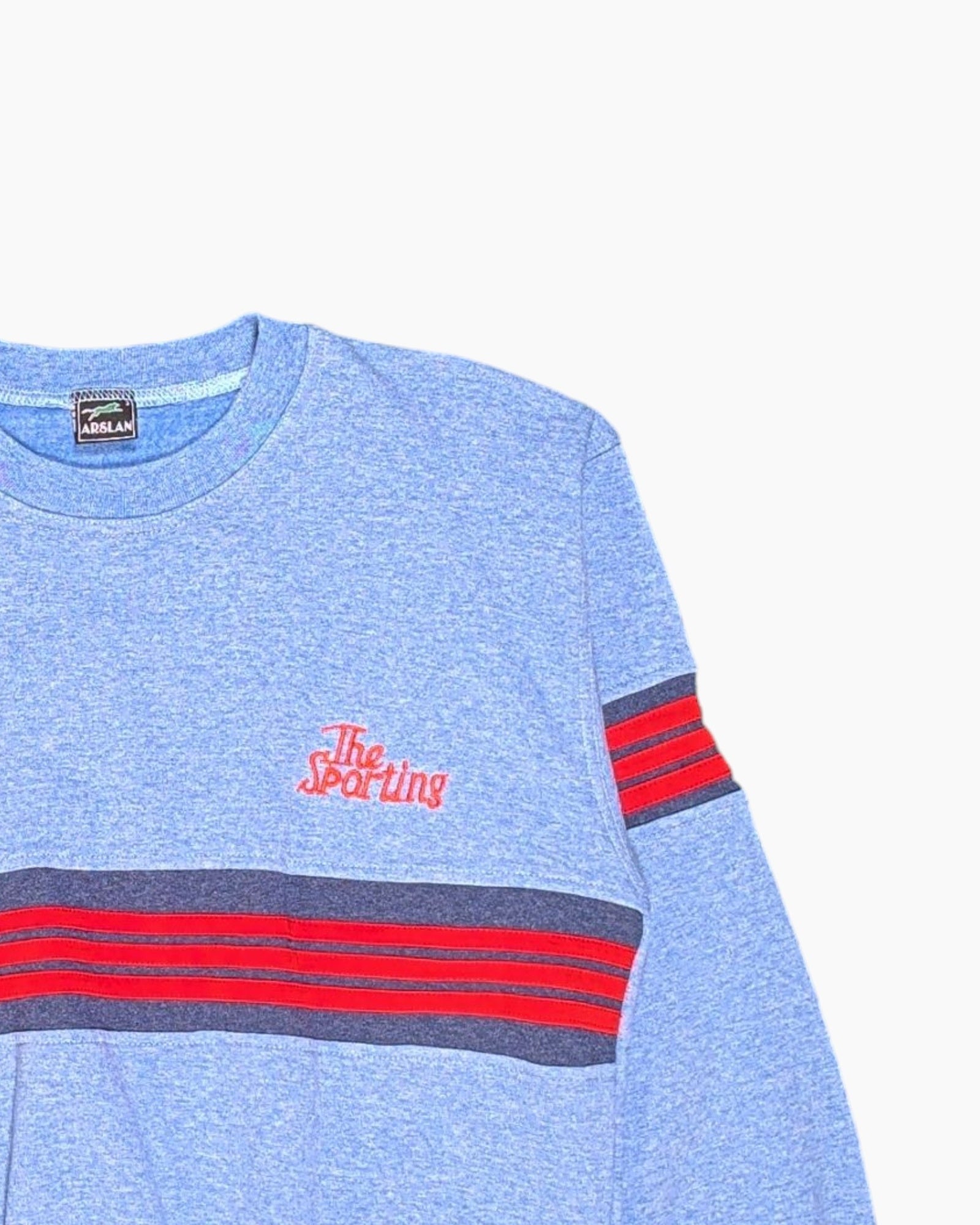 Front-detail-2 Vintage 80s ARSLAN Pullover Sweater – Blue Striped Athletic