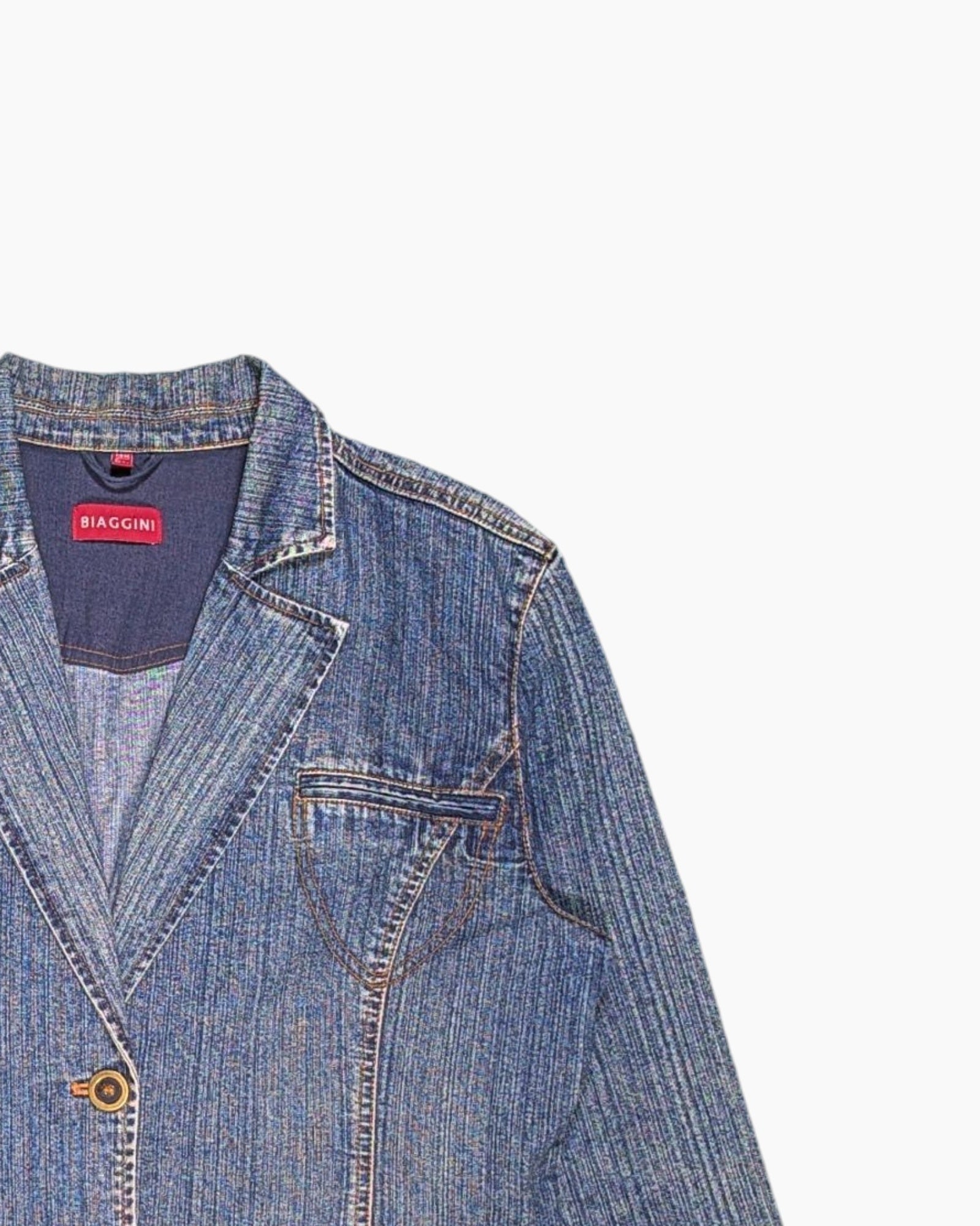 Front-detail-2 Vintage Y2K BIAGGINI Denim Jacket – Blue with Studded Patch Pockets