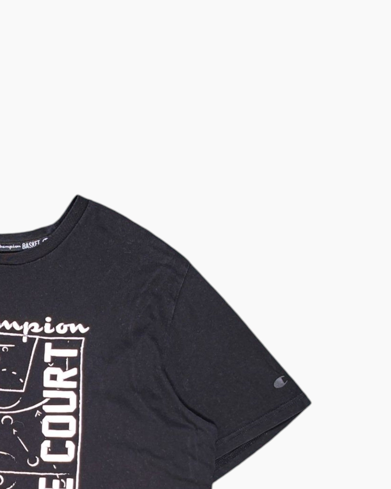 Front-detail-2 Pre-owned Champion Graphic T-Shirt – Black Screen Print (Unisex XL)