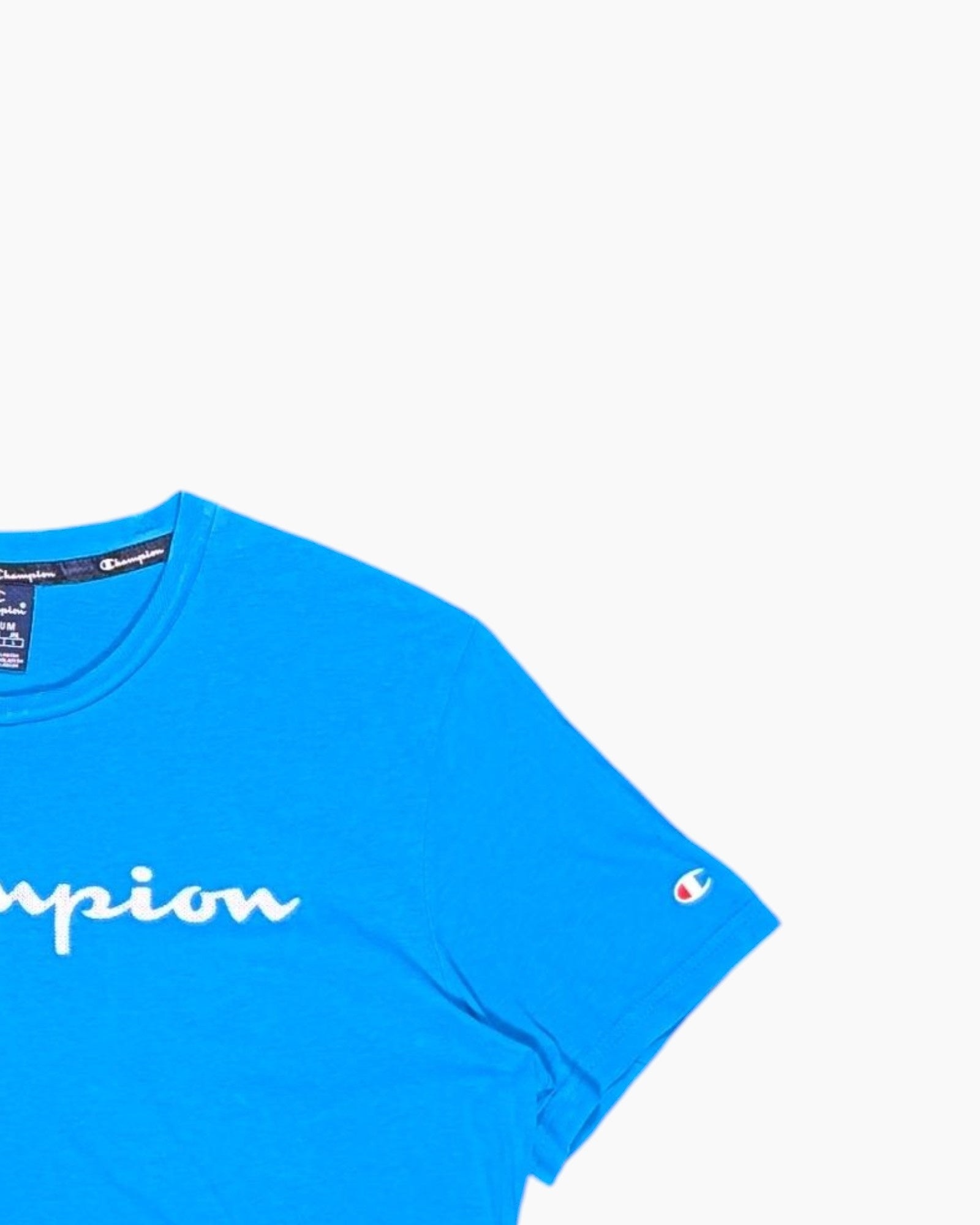 Front-detail-2 Pre-owned Champion Graphic T-Shirt – Blue Script Logo