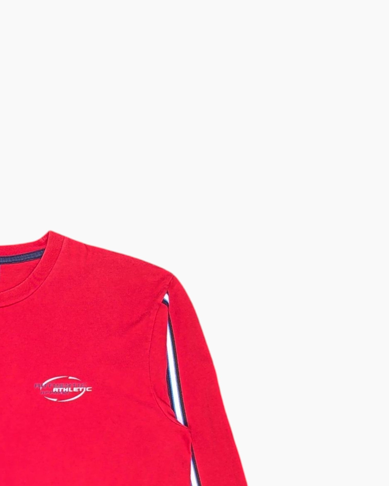 Front-detail-2 Vintage Y2K Champion Long Sleeve Crewneck Sweatshirt – Red Contrast Stripes