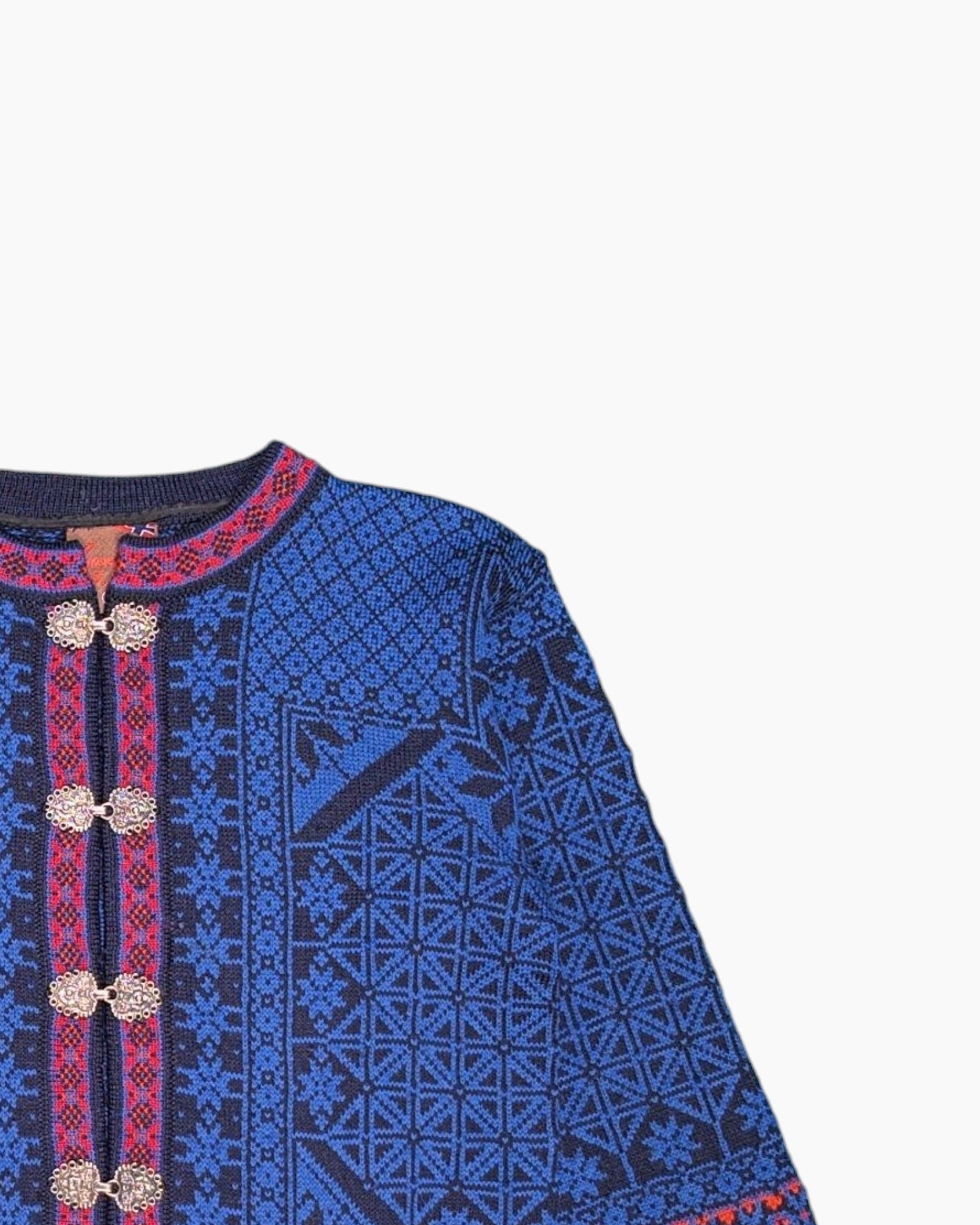 Front-detail-2 Vintage 80s/90s Christiania Sweaters Cardigan – Blue Jacquard (Preloved)