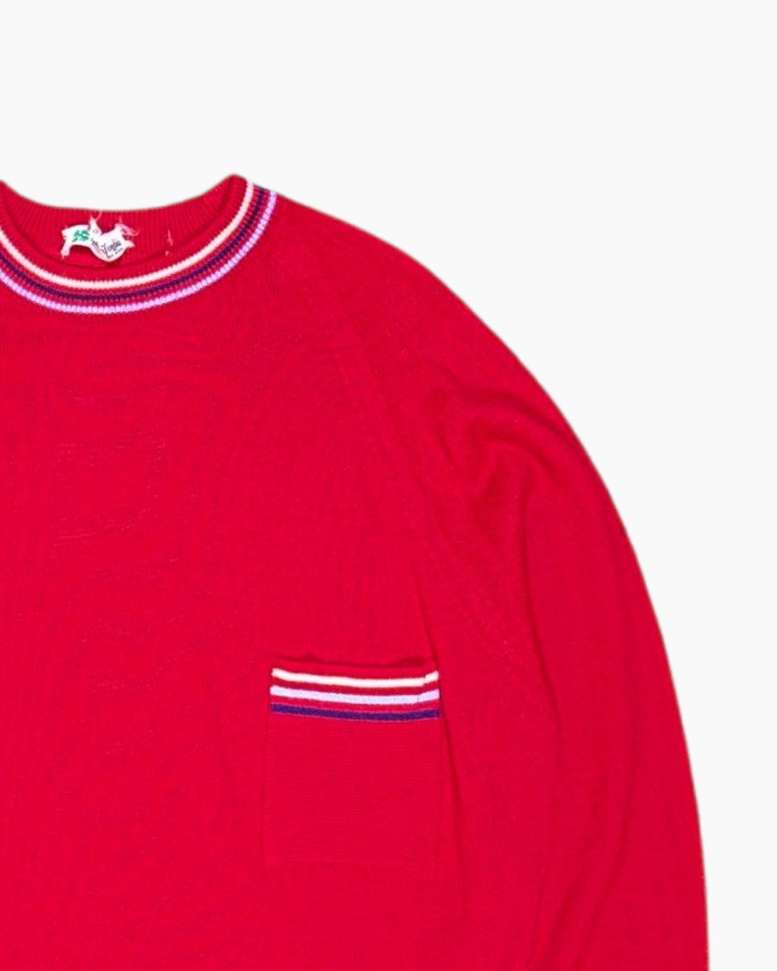 Front-detail-2 Vintage 70s/80s Creazioni Quadrifoglio Pullover Sweater – Red Striped Trim