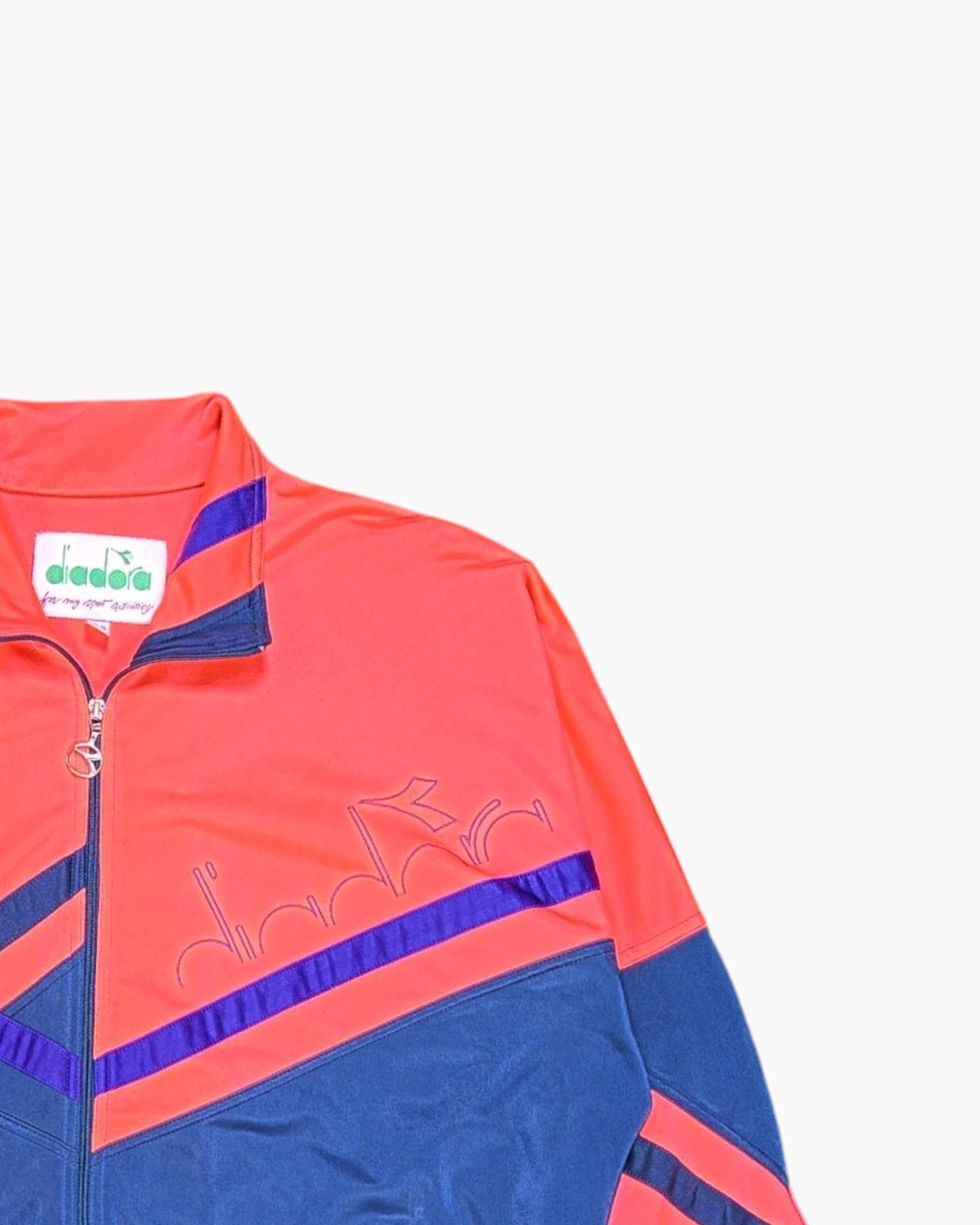 Front Detail 2 Vintage 80s/90s Diadora Track Jacket – Neon Coral & Navy Colorblock