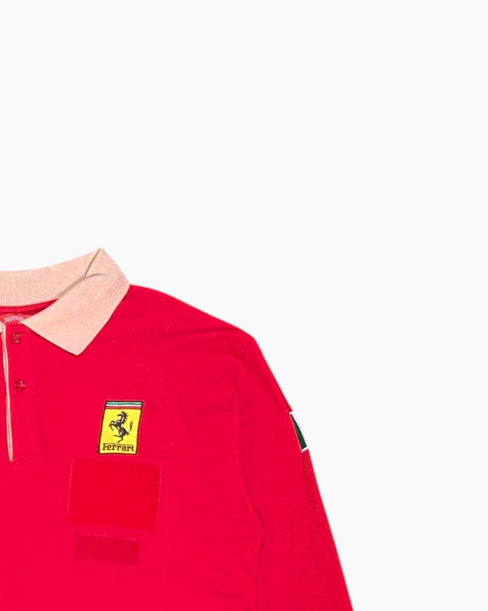 Front-detail-2 Vintage Y2K Ferrari Long Sleeve Polo Shirt – Red with Embroidered Logos