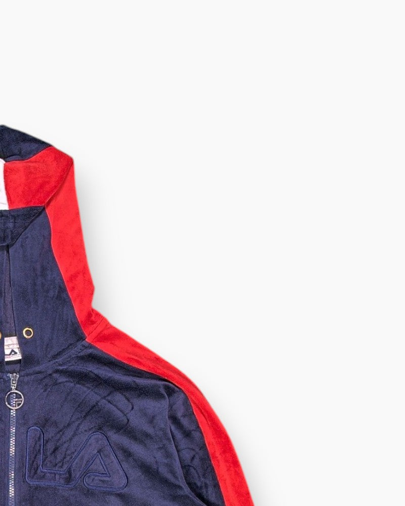 Front-detail-2 Pre-owned FILA Hooded Zip-Up Jacket – Navy colorblocked panels