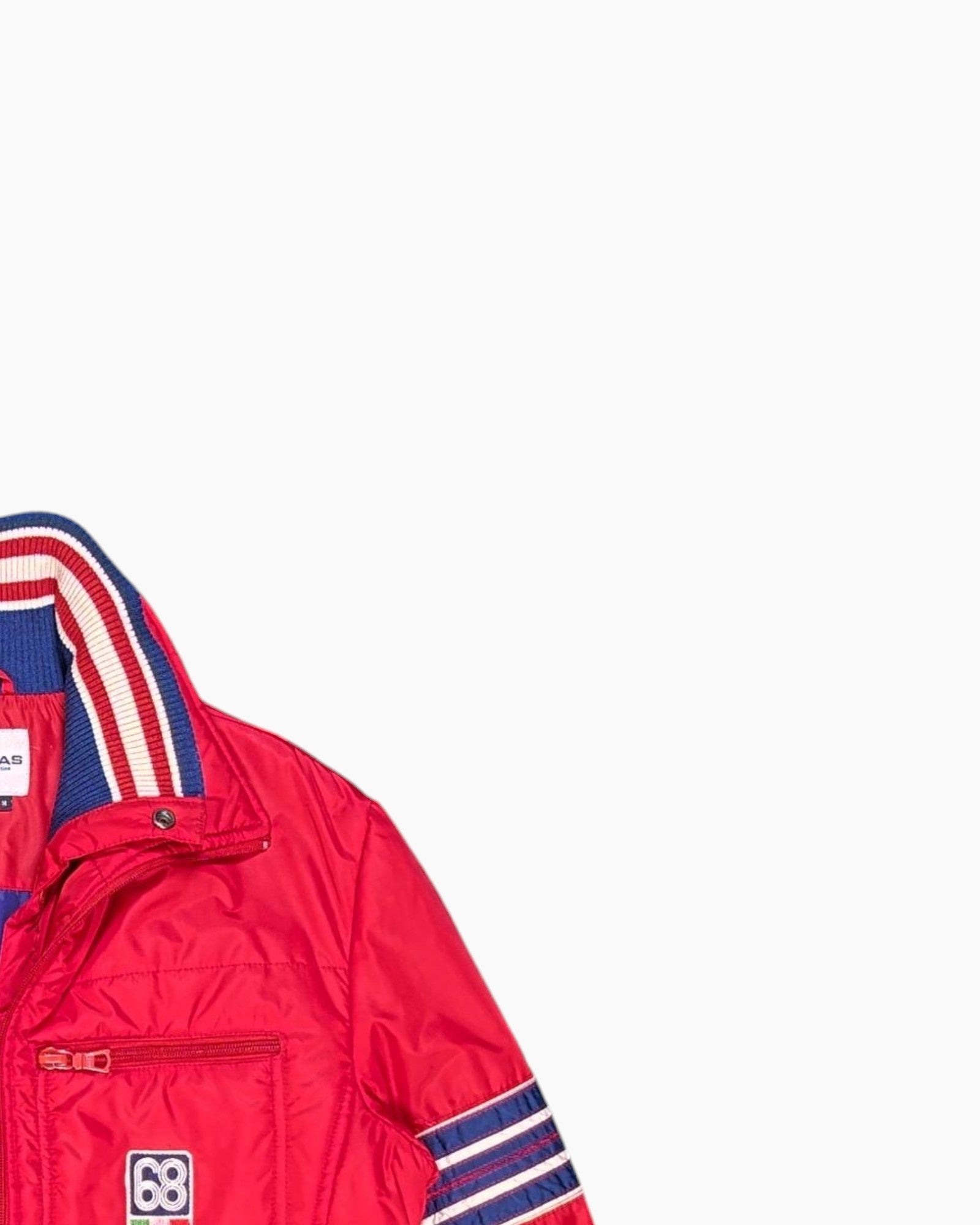 Front-detail-2 Vintage 90s/2000s GAS Puffer Jacket – Red with Striped Sleeve Detail