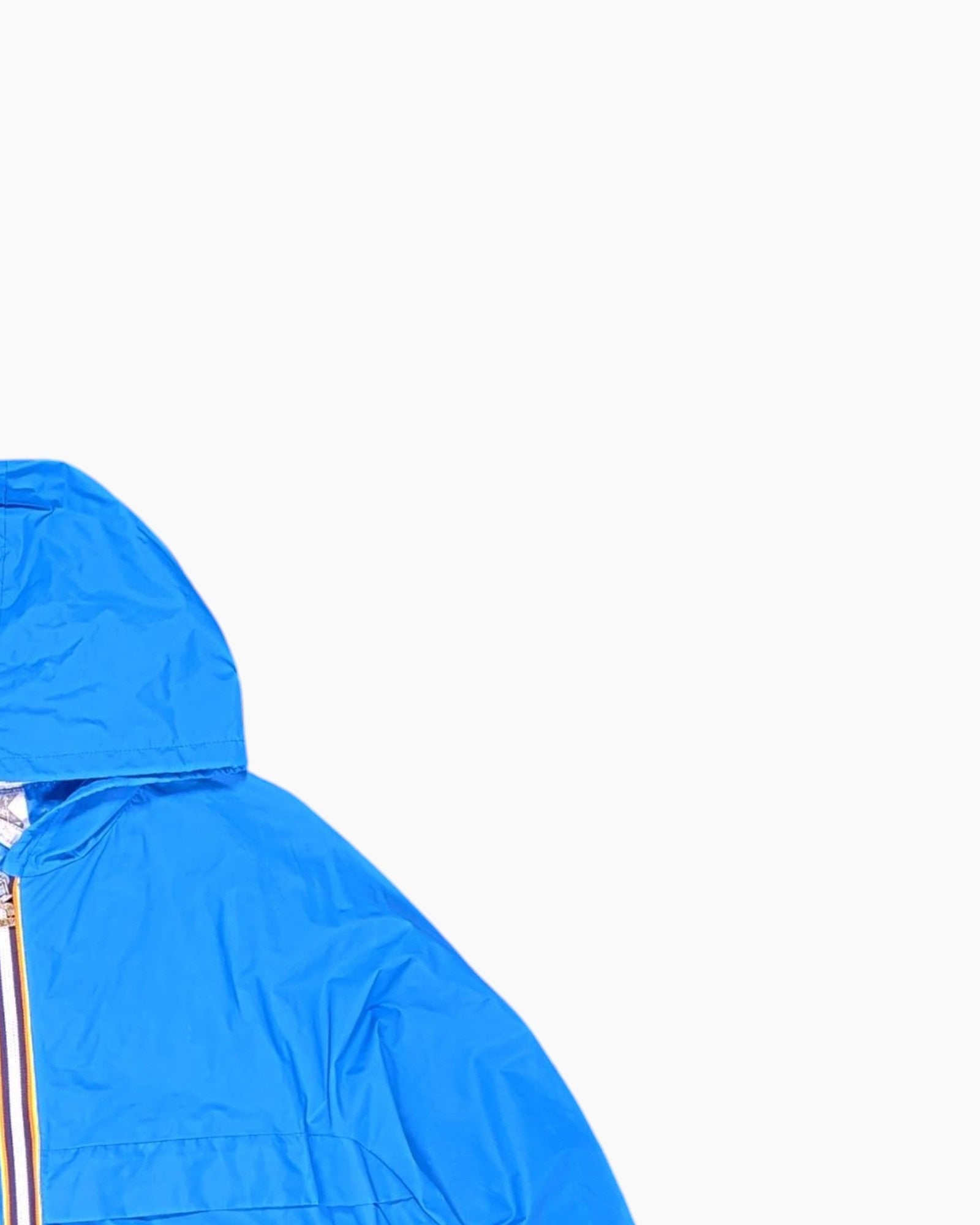 Front-detail-2 Vintage 70s/80s K-WAY Packable Windbreaker Jacket – Blue striped zipper tape