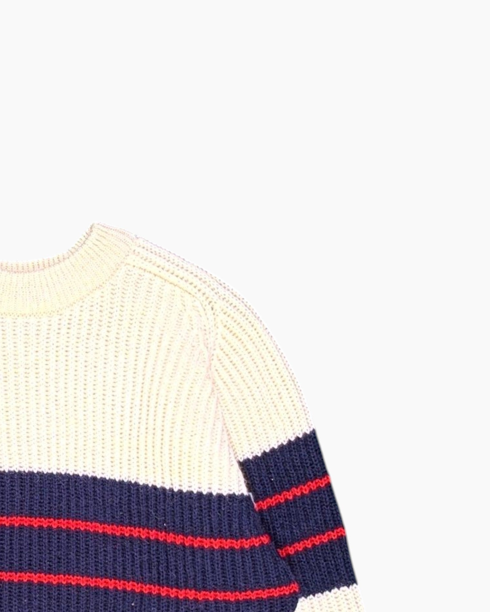 Front-detail-2 Vintage 80s/90s Kappa Sport Pullover Sweater – Cream with Navy/Red Stripes