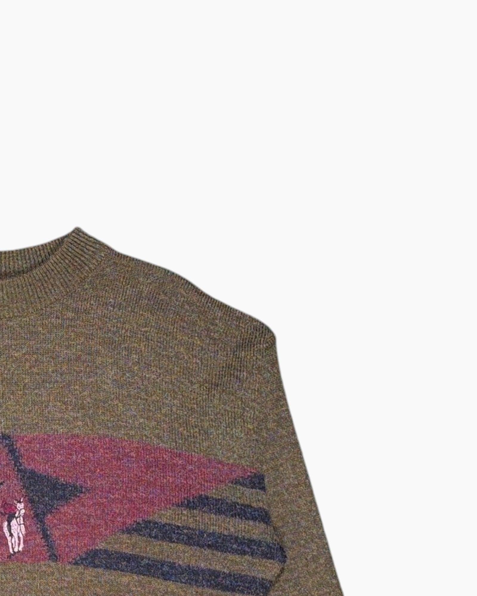 Front-detail-2 Vintage 80s KappAhl Pullover Sweater – Brown Olive Geometric Panel