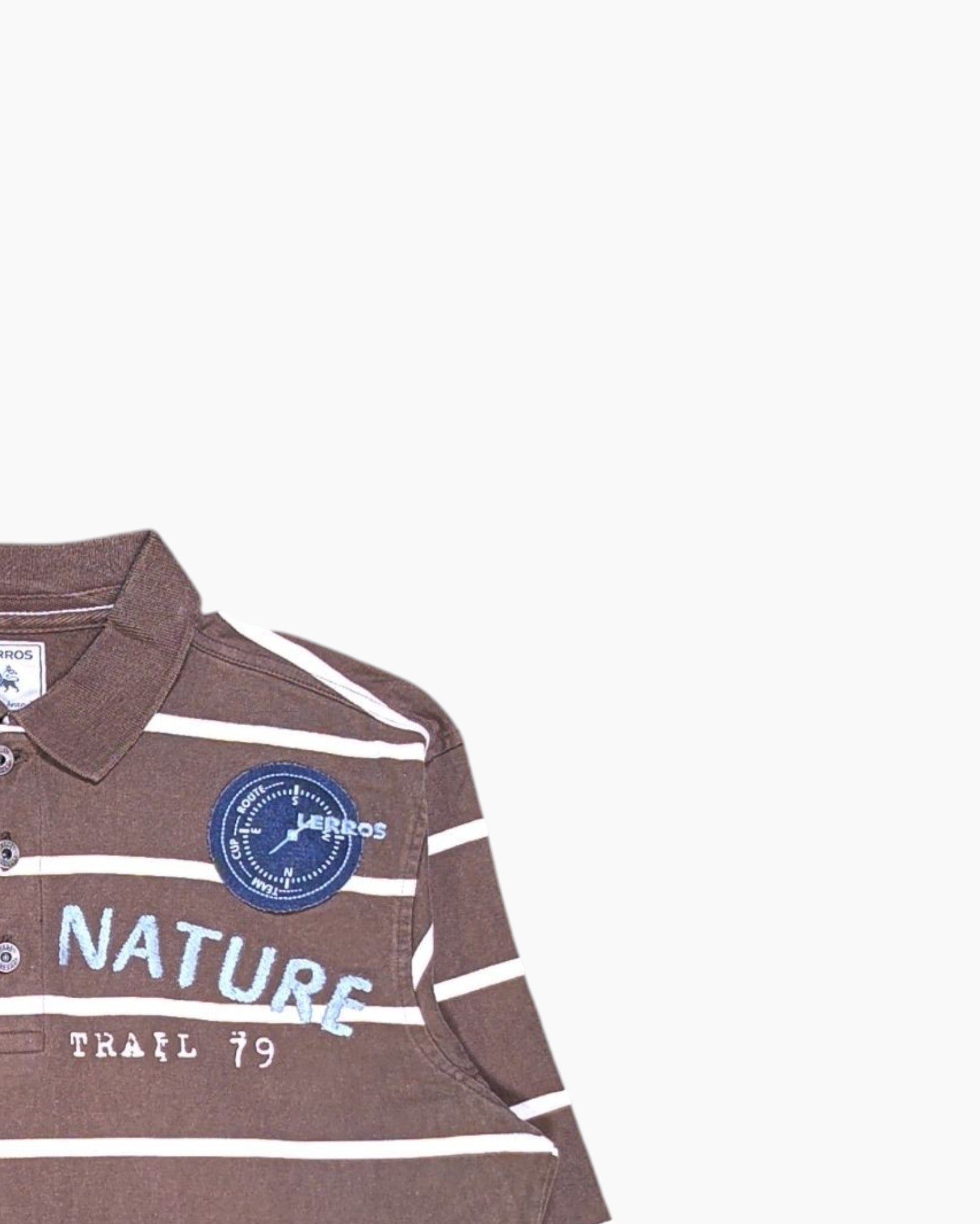 Front-detail-2 Pre-owned L. ERROS Polo Shirt – Brown Striped Chest Patch