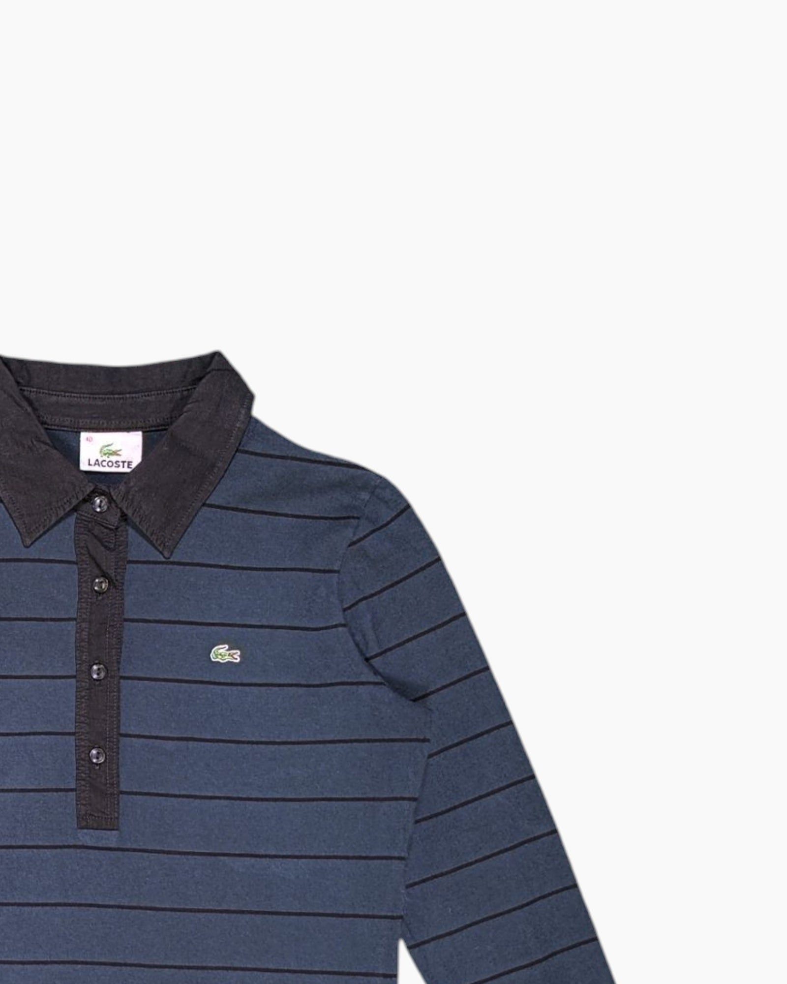 Front Detail 2 Pre-owned LACOSTE Long Sleeve Polo Shirt – Navy with Embroidered Crocodile