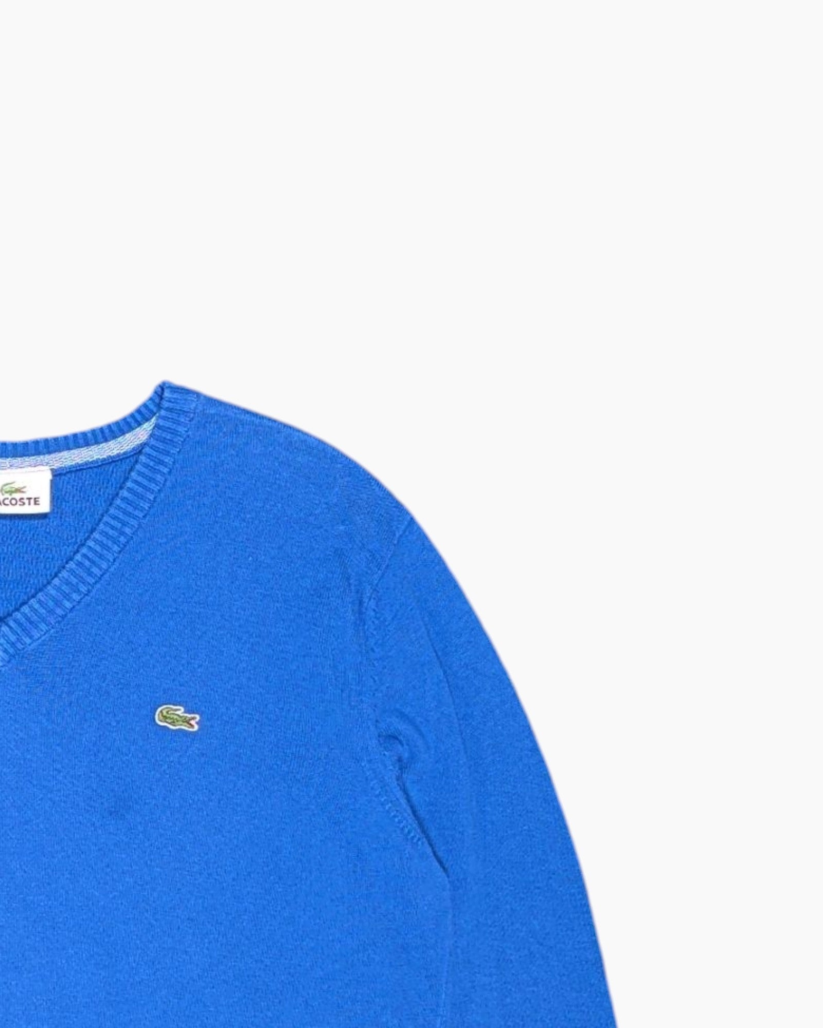 Front-detail-2 Vintage 90s/2000s LACOSTE Pullover Sweater – Blue V‑neck with Crocodile