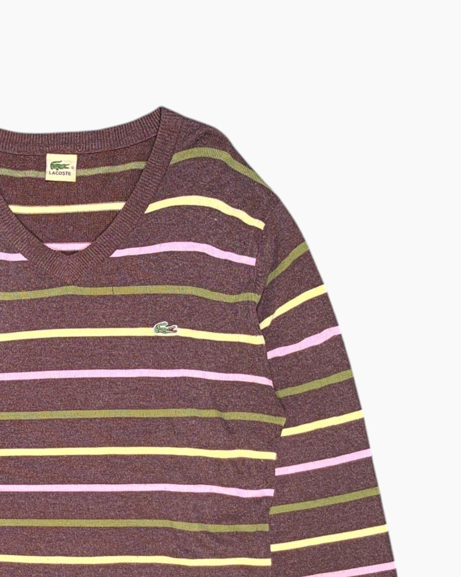 Front-detail-2 Vintage Y2K LACOSTE Pullover Sweater – Brown Striped V-neck