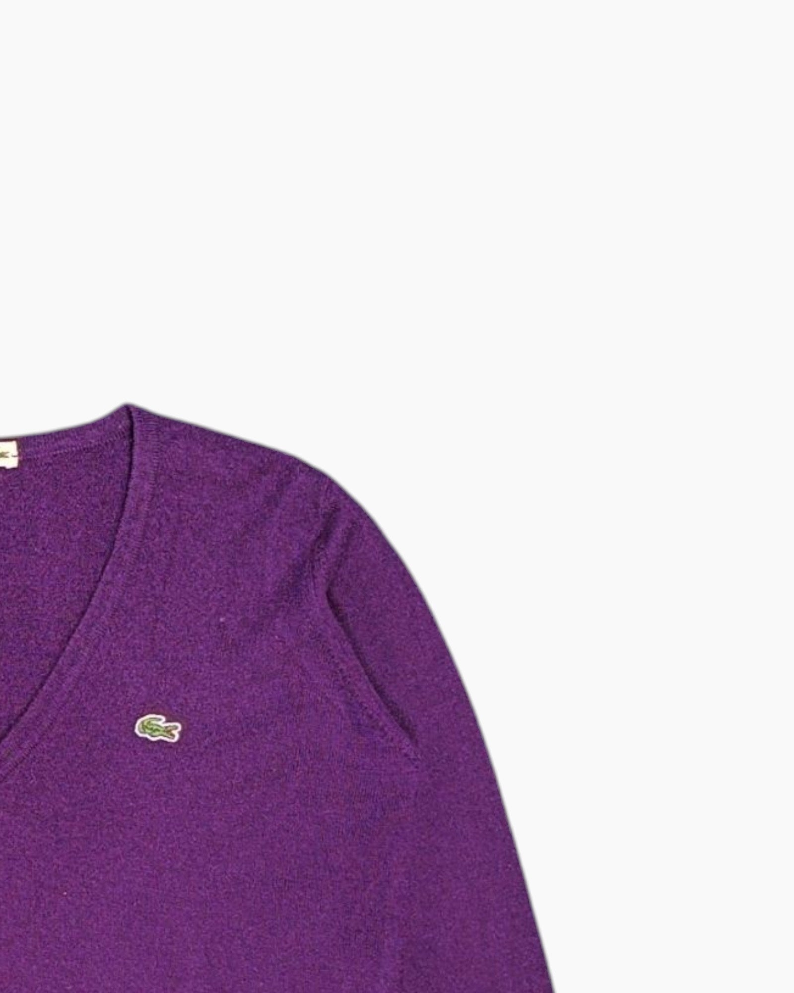 Front-detail-2 Vintage 80s/90s LACOSTE V-Neck Sweater – Purple Crocodile Patch
