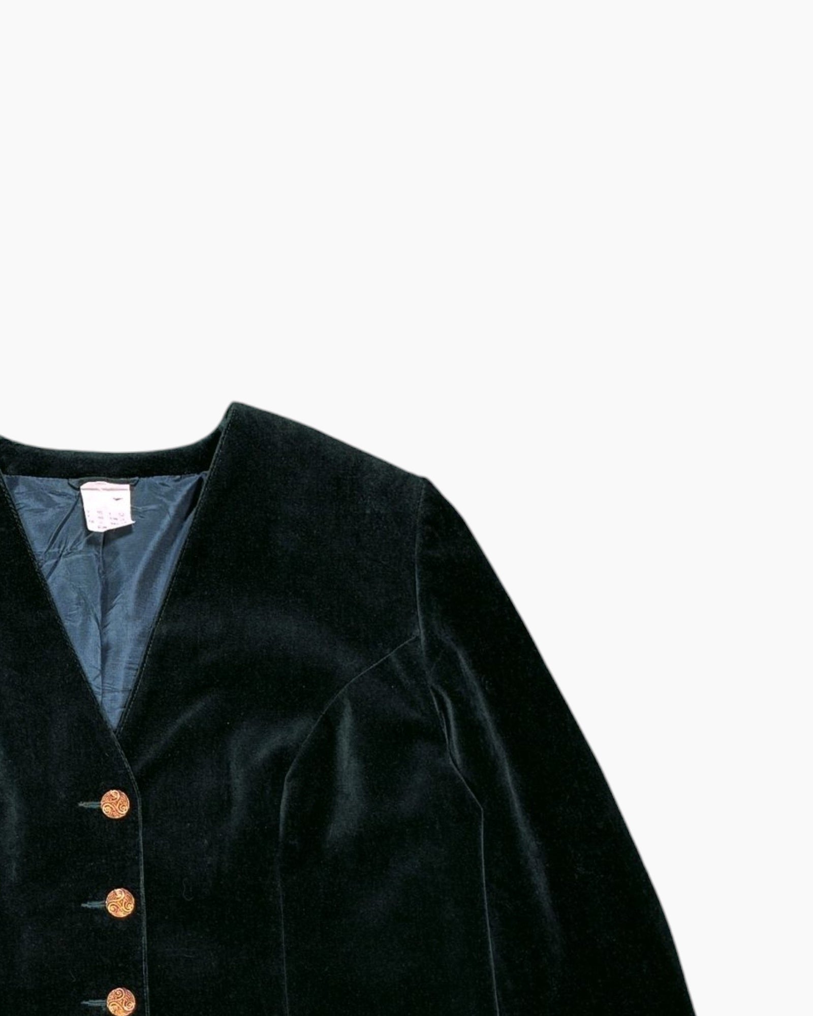 Front-detail-2 Vintage 80s/90s LADY H. Velvet Blazer – Green with Gold Buttons