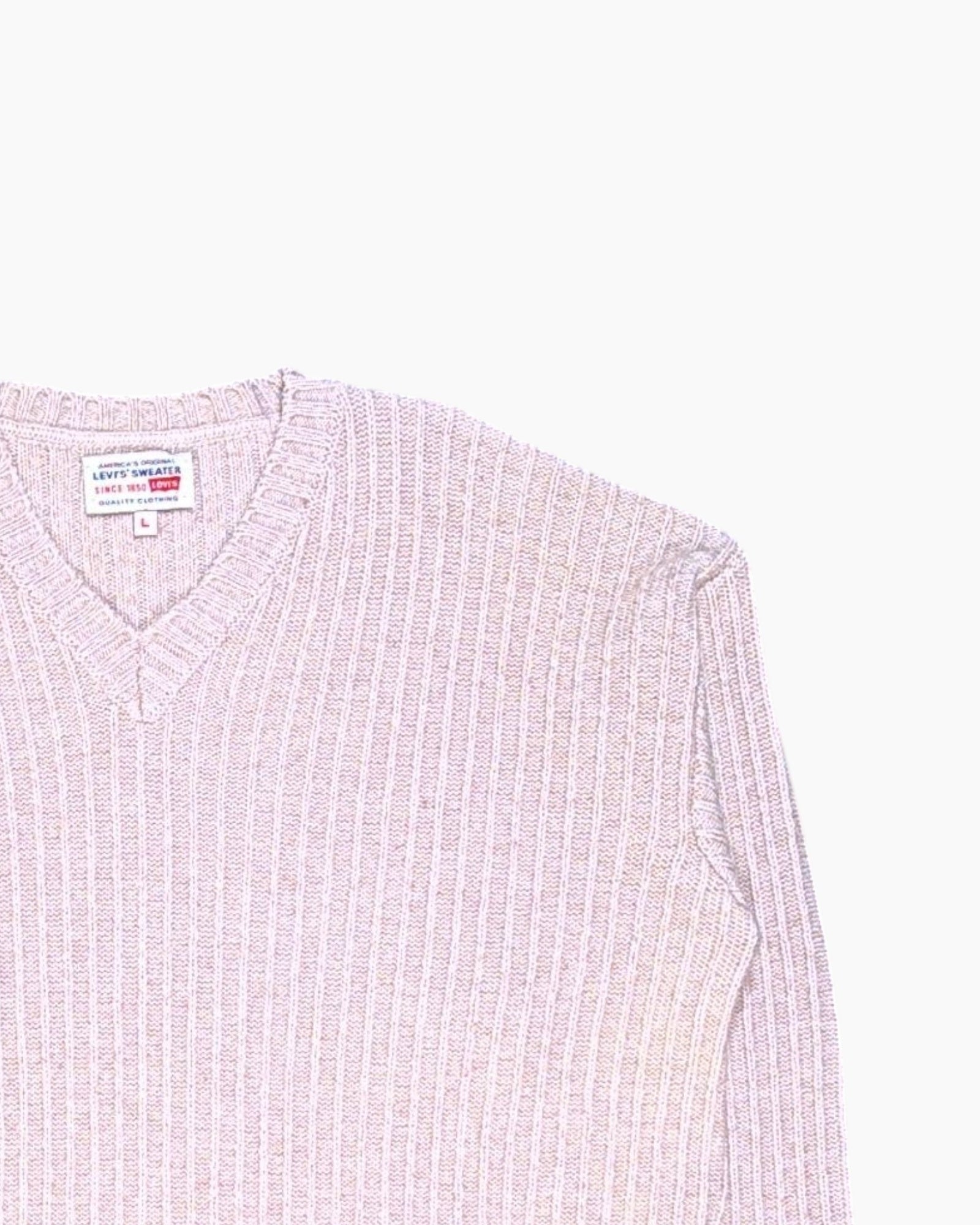 Front Detail 2 Vintage 80s/90s Levi's Pullover Sweater – Cream Rib Knit V‑Neck