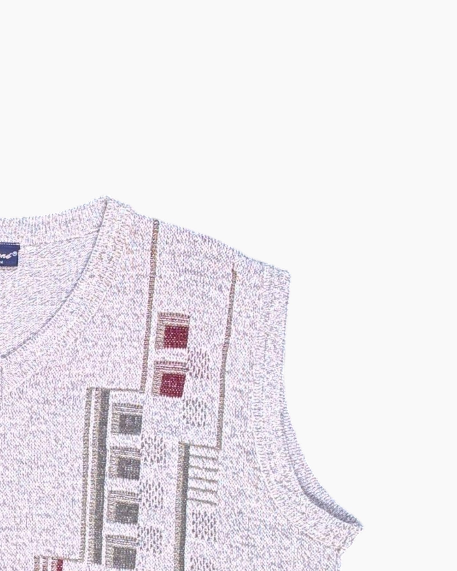 Front-detail-2 Vintage 80s/90s Marc René Pullover Sweater (Sleeveless Vest-style) – Gray Geometric Jacquard