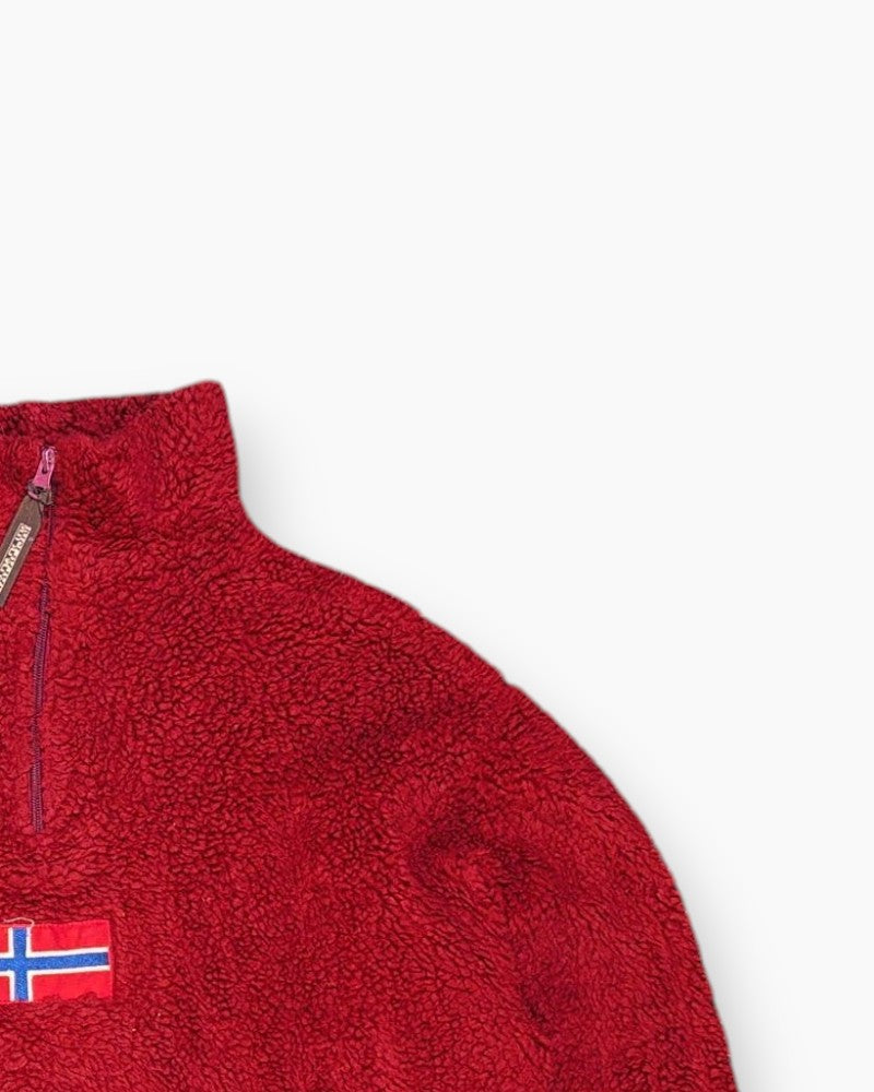 Front-detail-2 Vintage 90s/2000s NAPAPIJRI Pullover Sweater (Half-Zip Sherpa) – Red