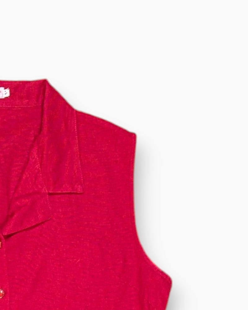 Front-detail-2 Vintage 90s/2000s NEWSENSATION Sleeveless Button-Up Shirt – Red Embroidered
