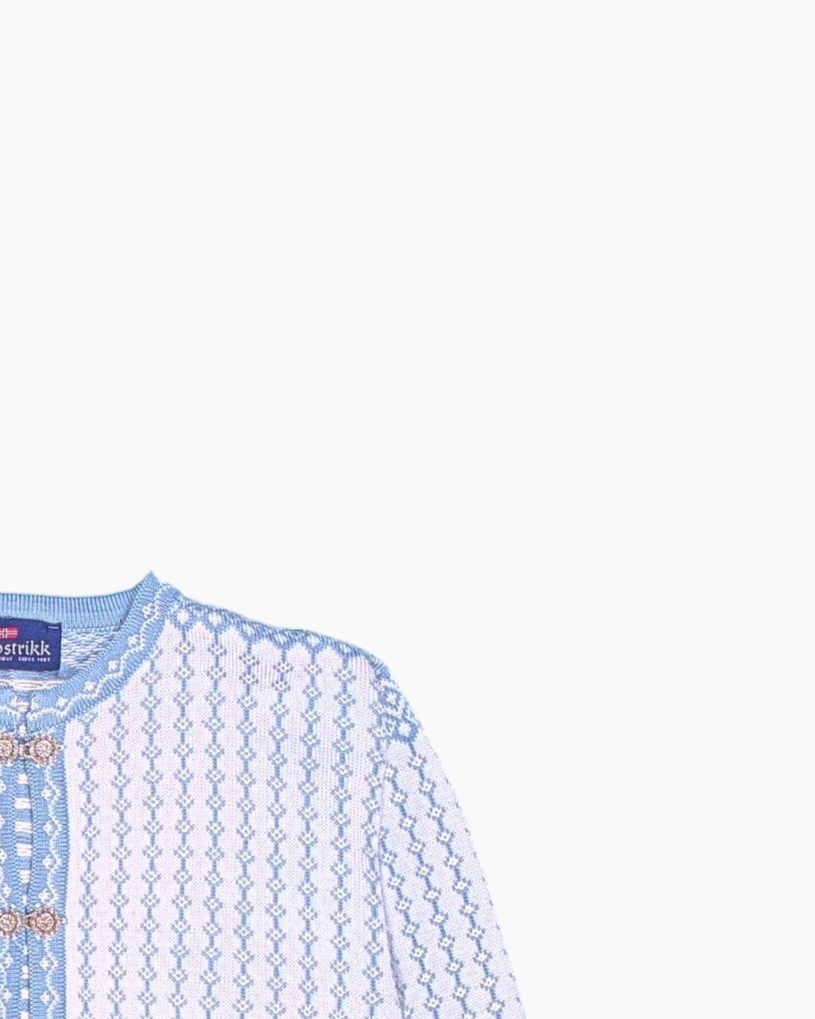 Front-detail-2 Vintage 80s/90s Norstrikk Cardigan – Blue Norwegian Jacquard