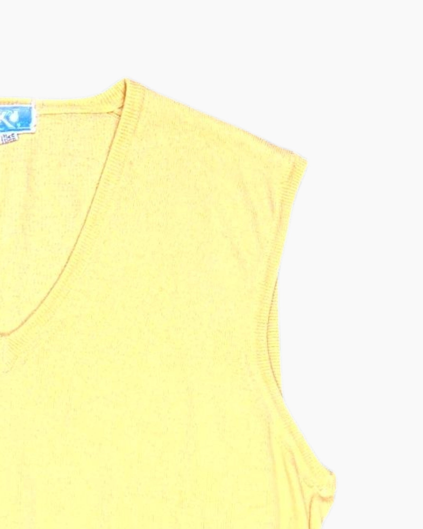 Front-detail-2 Vintage 80s OKAÏDI Sweater Vest – Yellow V‑neck Ribbed Hem