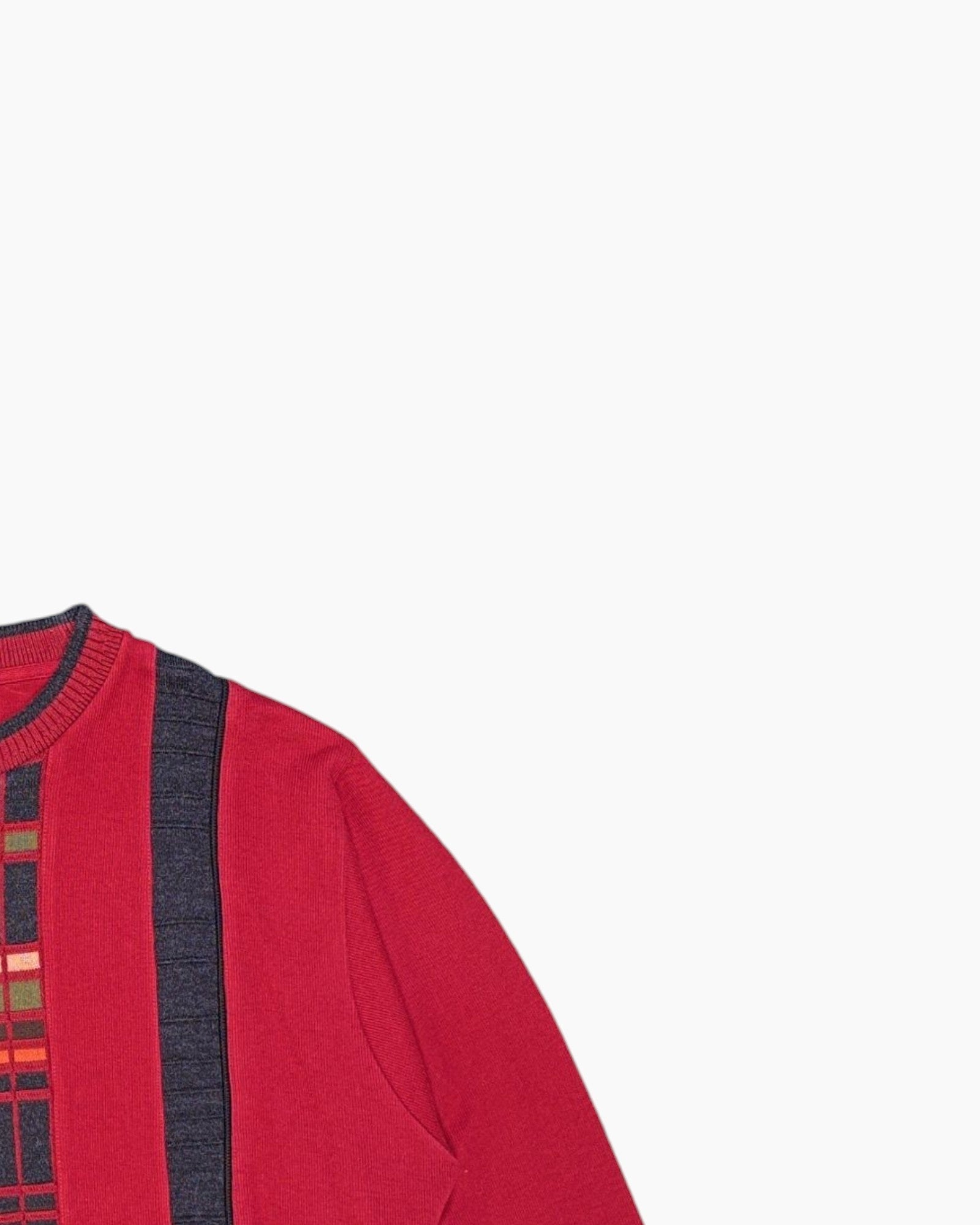 Front-detail-2 Vintage 90s/2000s pierre cardin Pullover Sweater – Red Geometric Intarsia