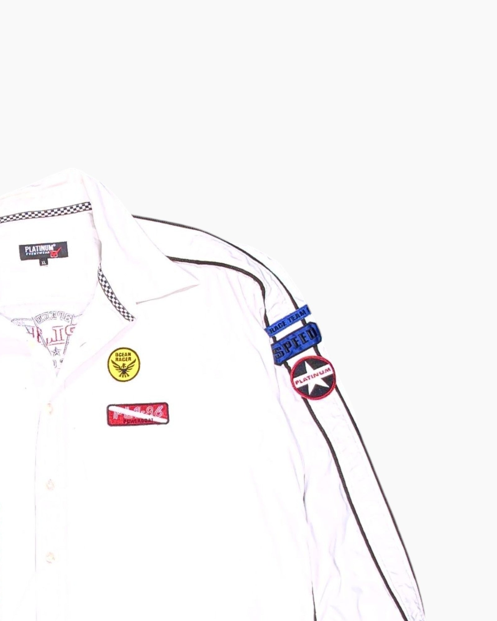 Front-detail-2 Vintage 90s/2000s PLATINUM EVERYWEAR Button-Down Shirt – White Racing Patches
