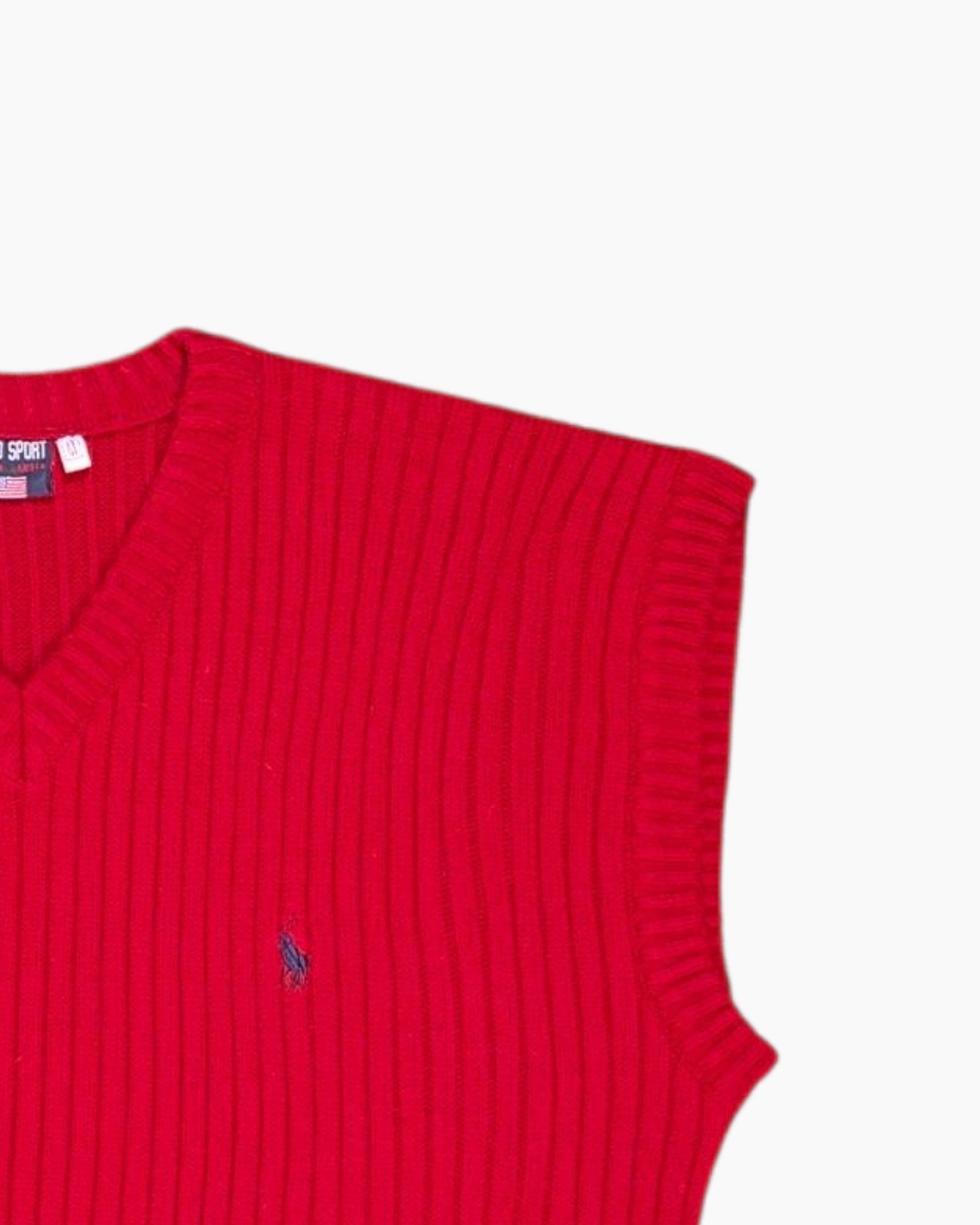 Front-detail-2 Vintage 90s POLO SPORT RALPH LAUREN Sleeveless Knit Vest – Red Rib V-neck