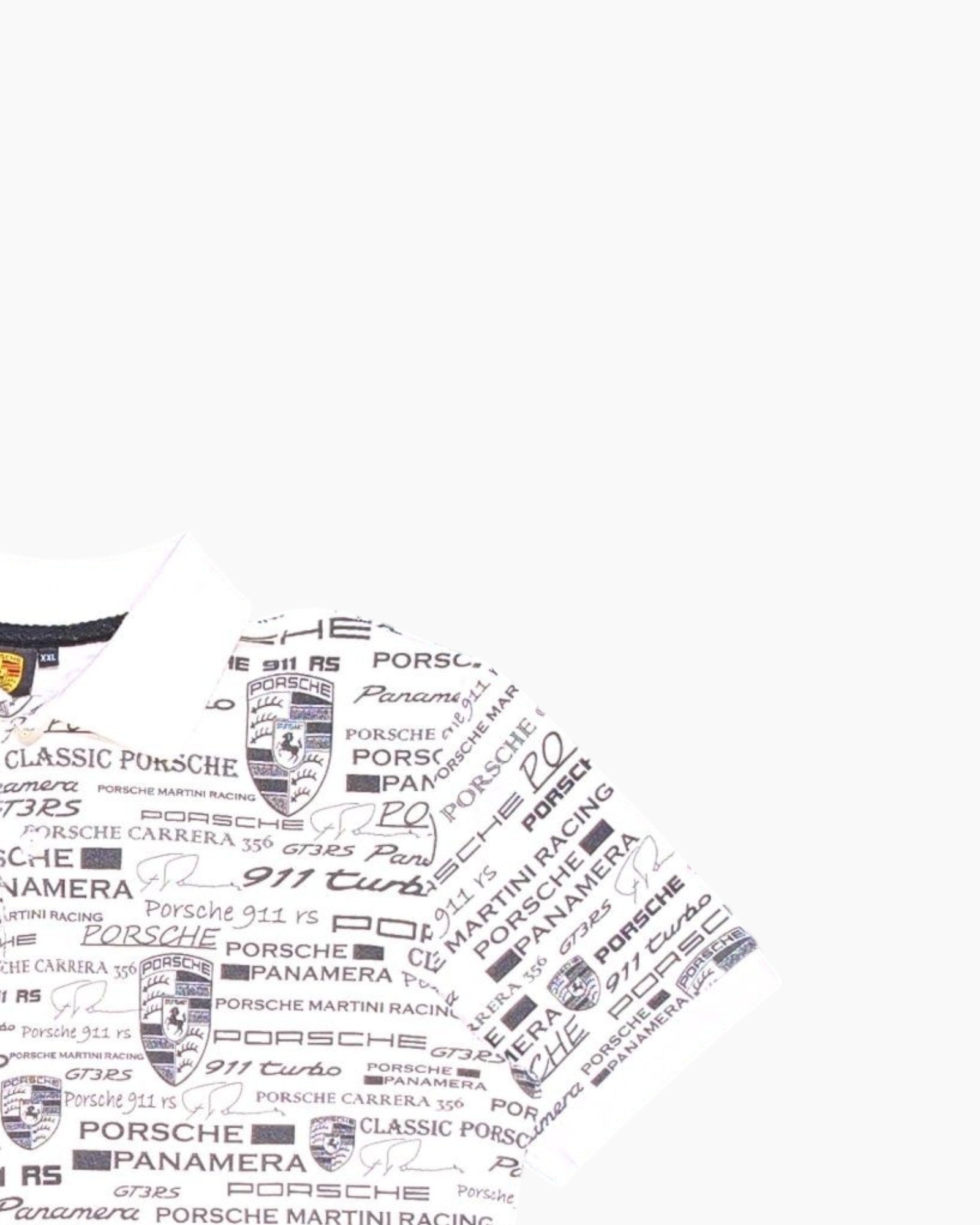 Front-detail-2 Vintage Y2K Porsche Graphic T-Shirt – White Allover Logo Print