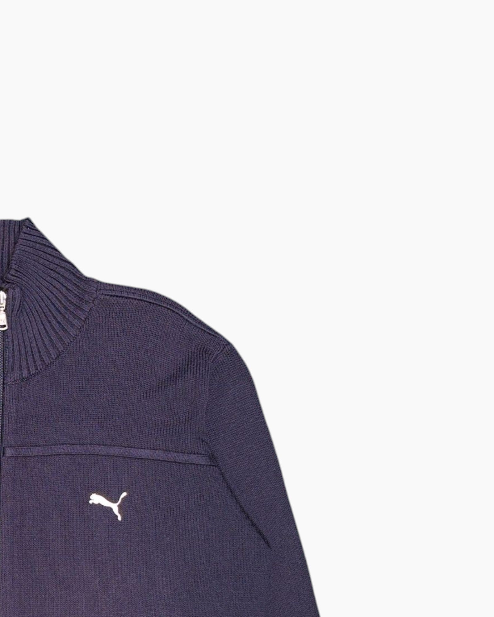 Front-detail-2 Pre-owned PUMA Zip-up Sweater – Navy Ribbed Funnel Collar