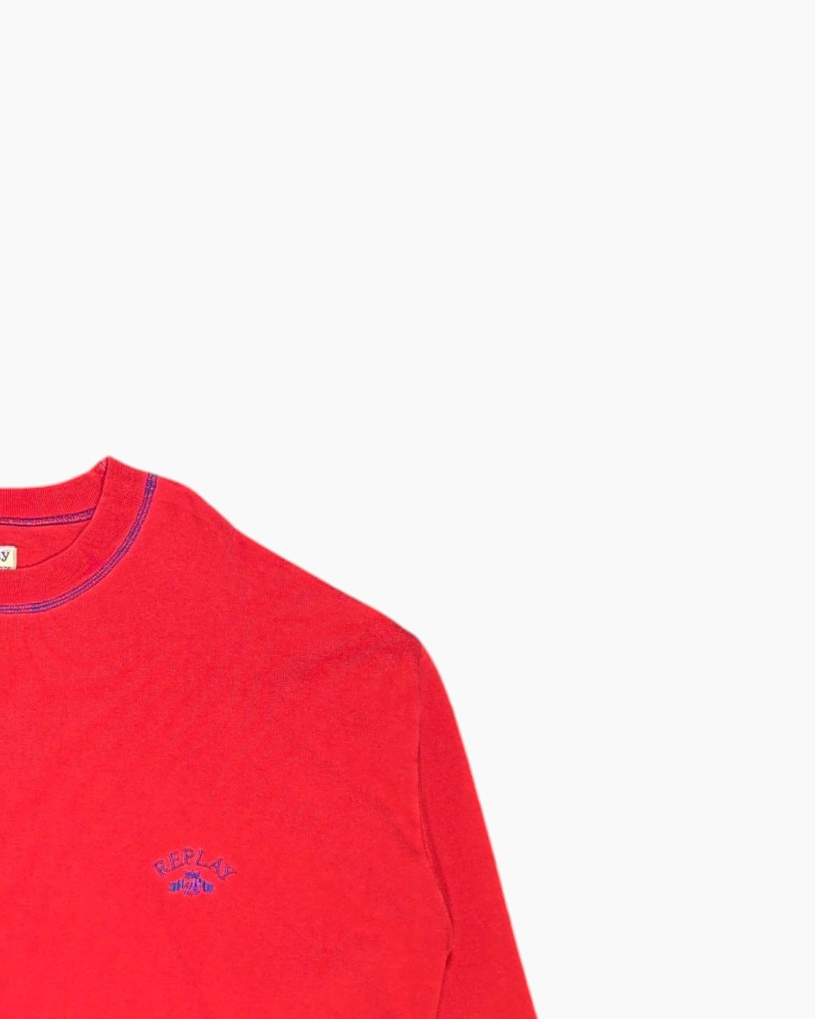 Front-detail-2 Vintage 80s/90s Replay Pullover Sweatshirt – Red Embroidered Logo