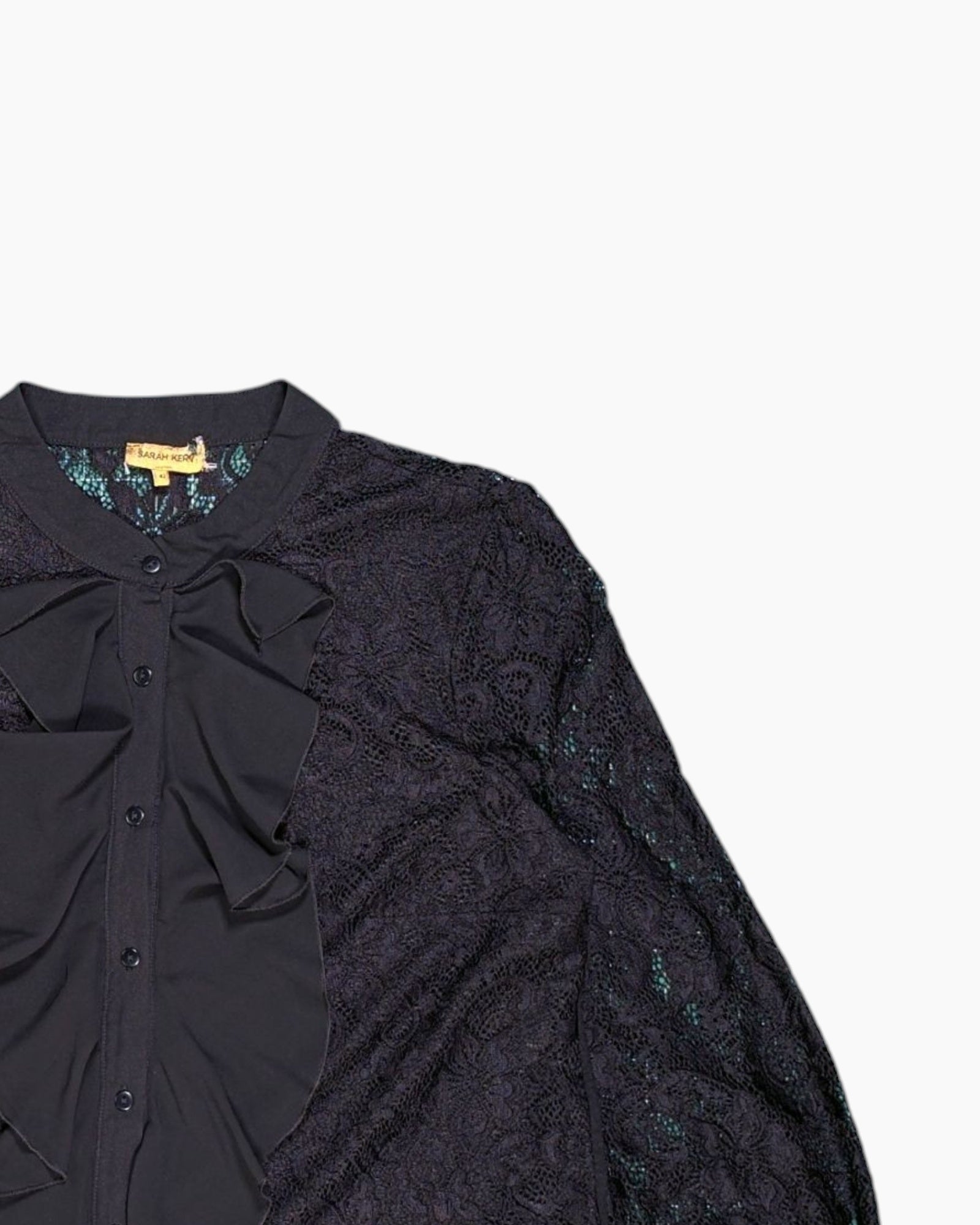 Front-detail-2 Pre-owned SARAH KERN Blouse – Black Ruffle & Lace (Size 42)