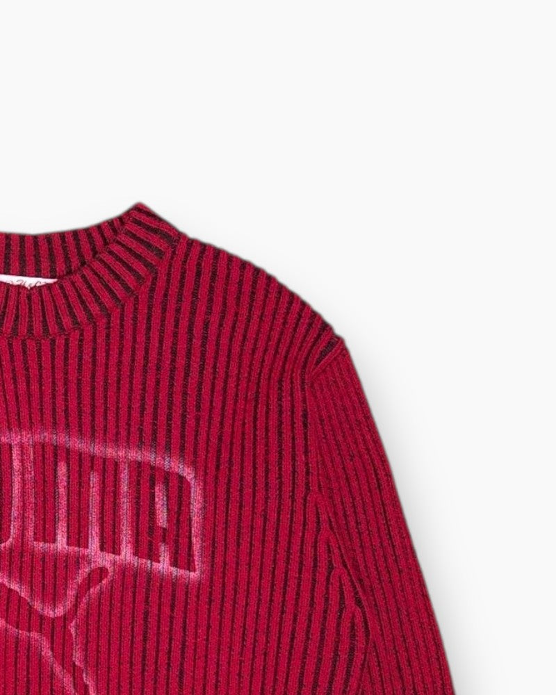 Front-detail-2 Vintage 80s/90s SH&C Pullover Sweater – Red Ribbed Knit (Vintage Secondhand)