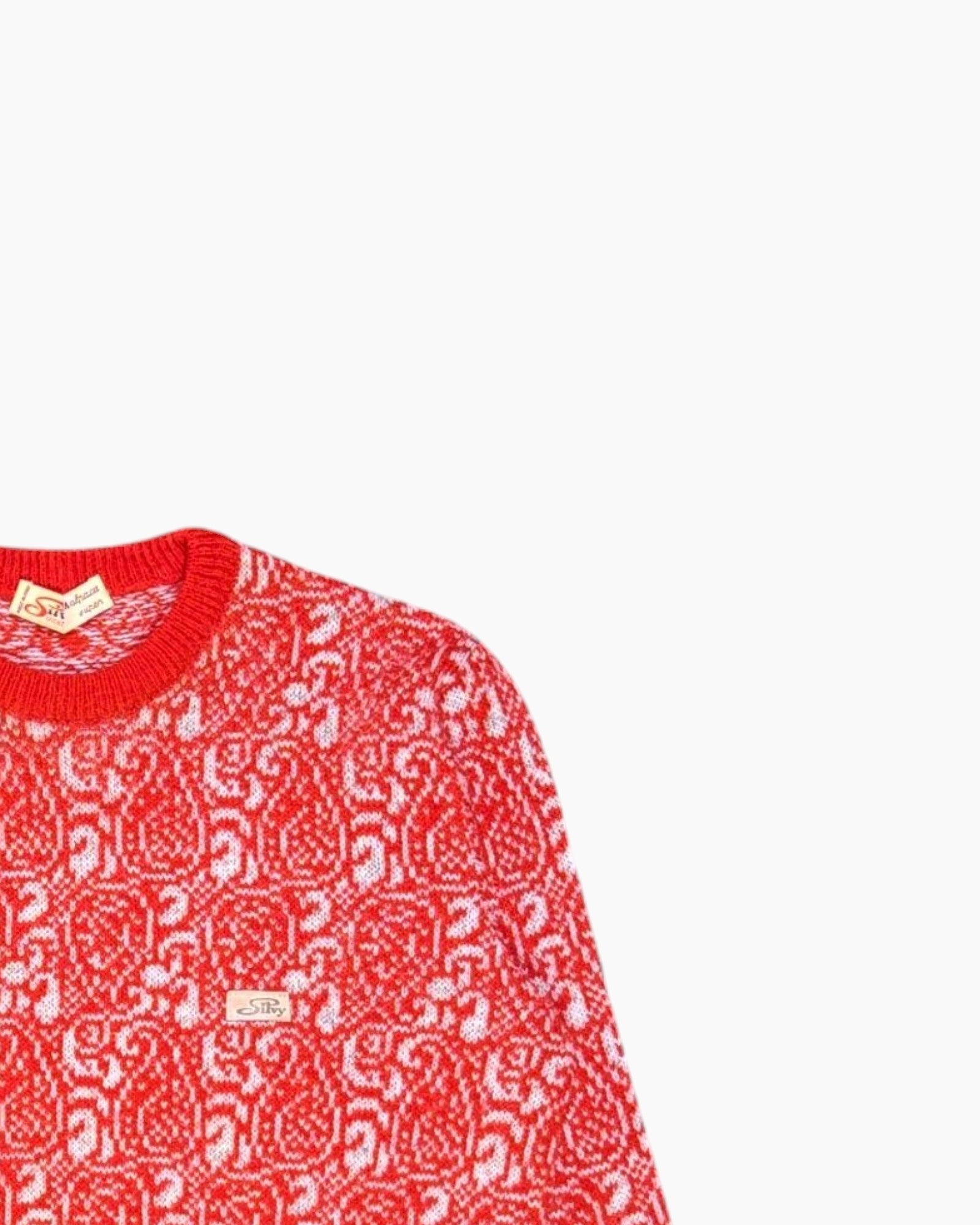 Front-detail-2 Vintage 80s Shivy Tricot Pullover Sweater – Red All-over Knit