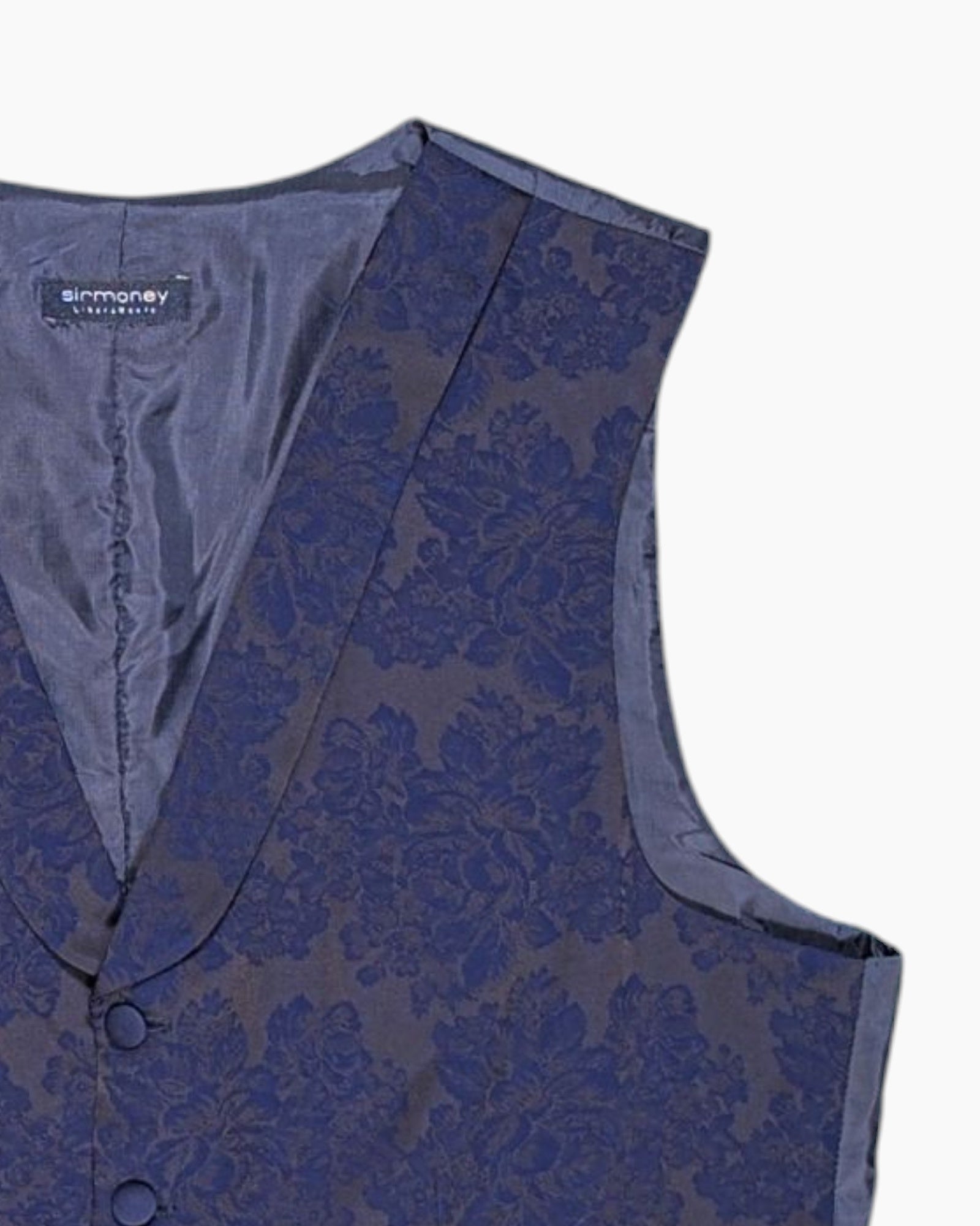 Front-detail-2 Pre-owned Sirmoney Waistcoat (Vest) – Navy Jacquard Floral