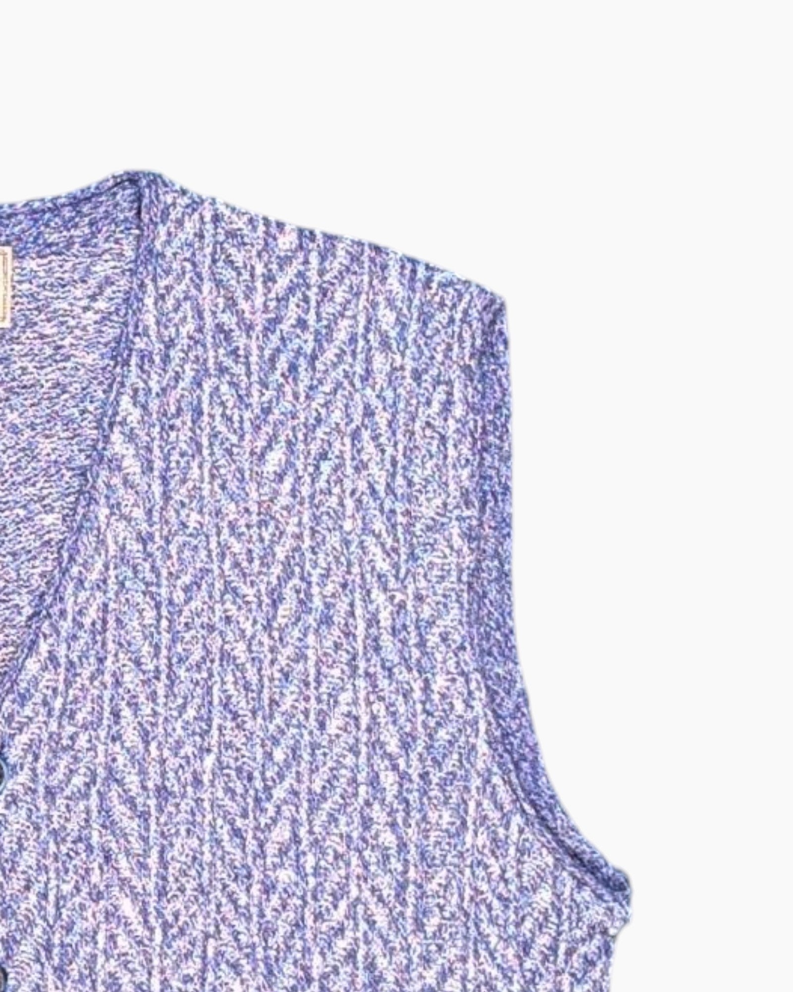 Front-detail-2 Vintage 80s/90s SUSPENSE Button-front Knit Vest – Marled Blue Chevron